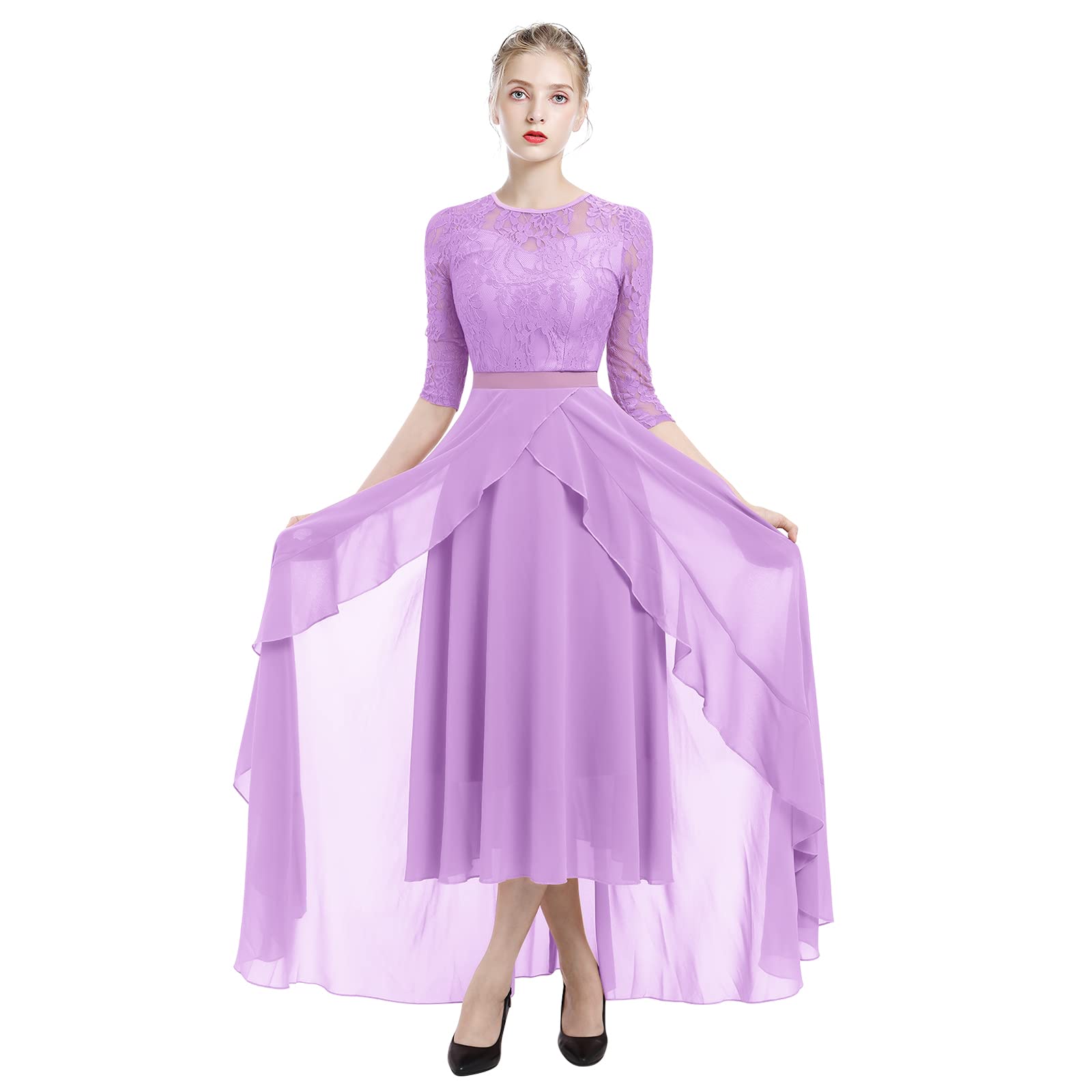 Elegant Chiffon Lace Wedding Dress for Women - Long Evening Gown with 3/4 Sleeves for Prom, Bridal Shower & Formal Occasions