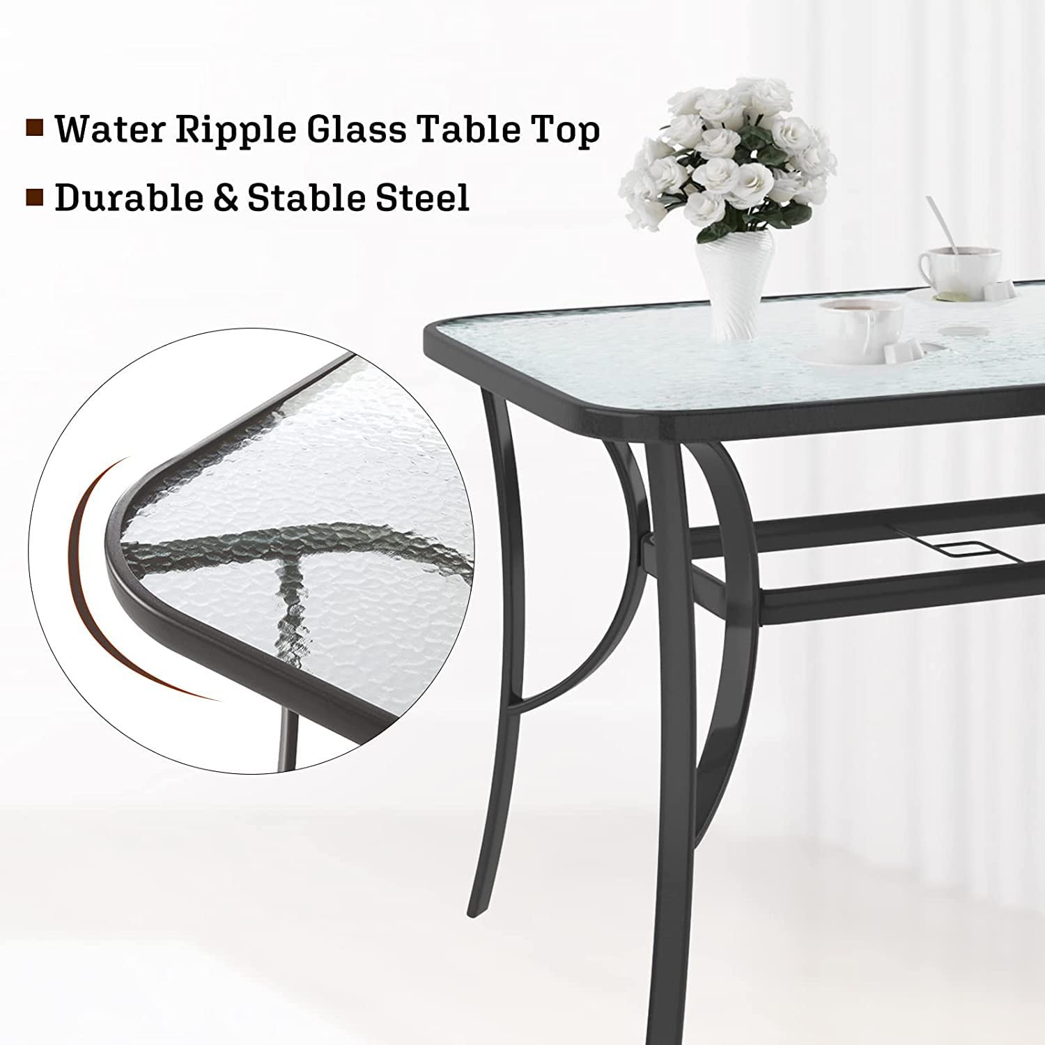 SogesPower 47 Inch Outdoor Tempered Glass Patio Dining Table with Umbrella Hole - Weatherproof Steel Frame, Black - Perfect for Backyard, Garden, Poolside & Outdoor Entertaining