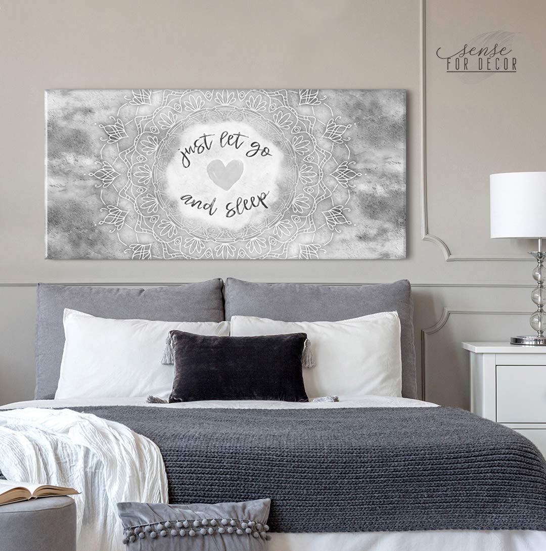 Boho Mandala Wall Art - Large Canvas for Bedroom Decor (Grey, 42x19) - Perfect Above Bed Decor