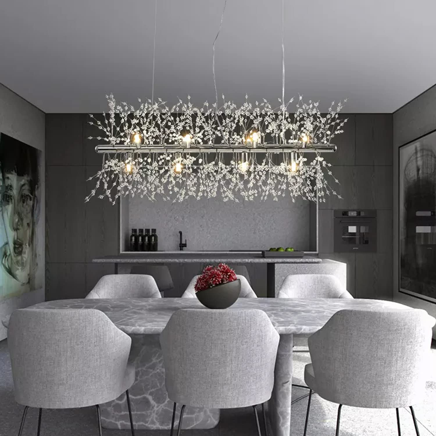 Modern Crystal Firework Chandelier - 12-Light LED Linear Dandelion Pendant Light Fixture in Chrome (35.5