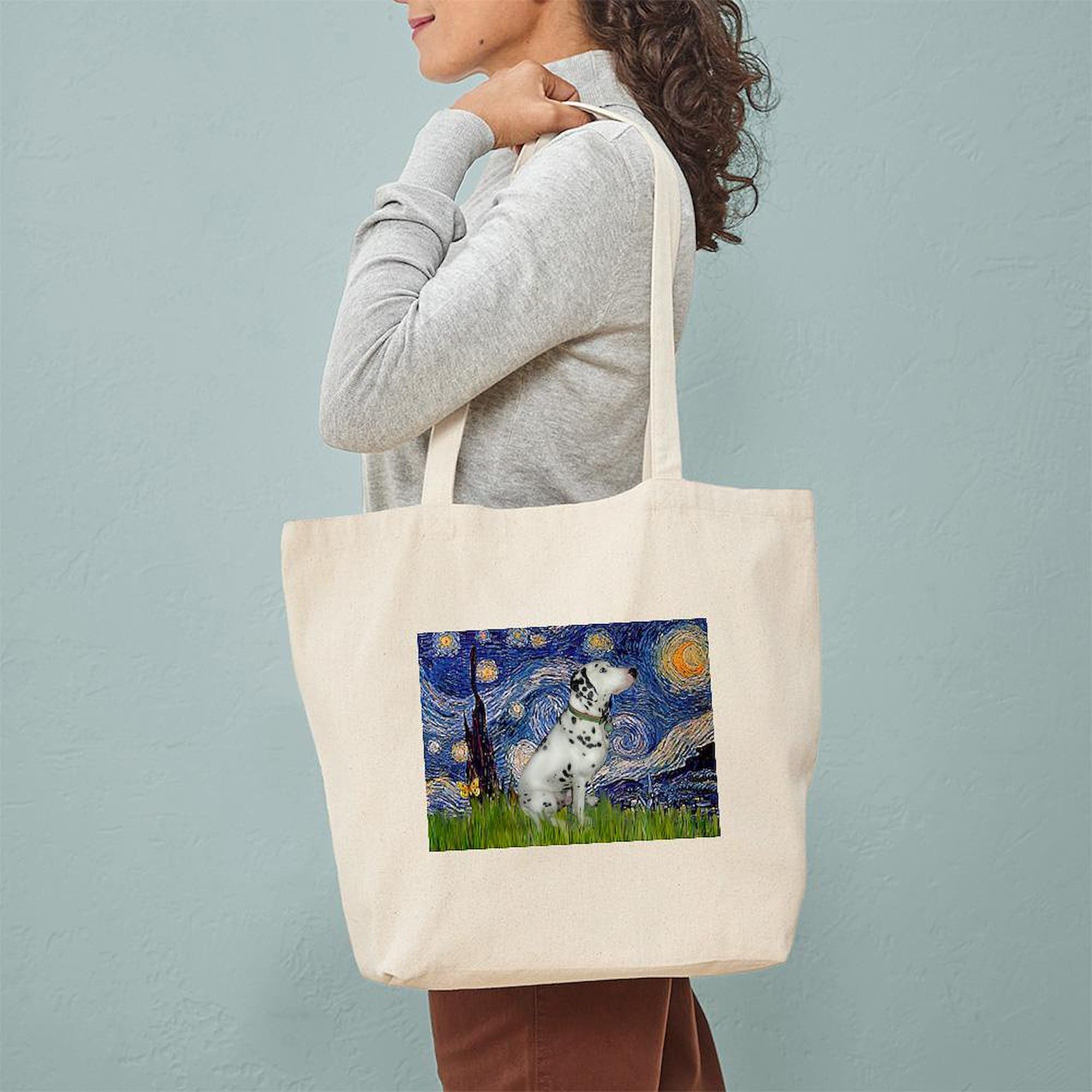 Starry Night Dalmatian Print Natural Canvas Tote Bag - Eco-Friendly Reusable Grocery Shopping Bag for Beach, Work & Farmers Market