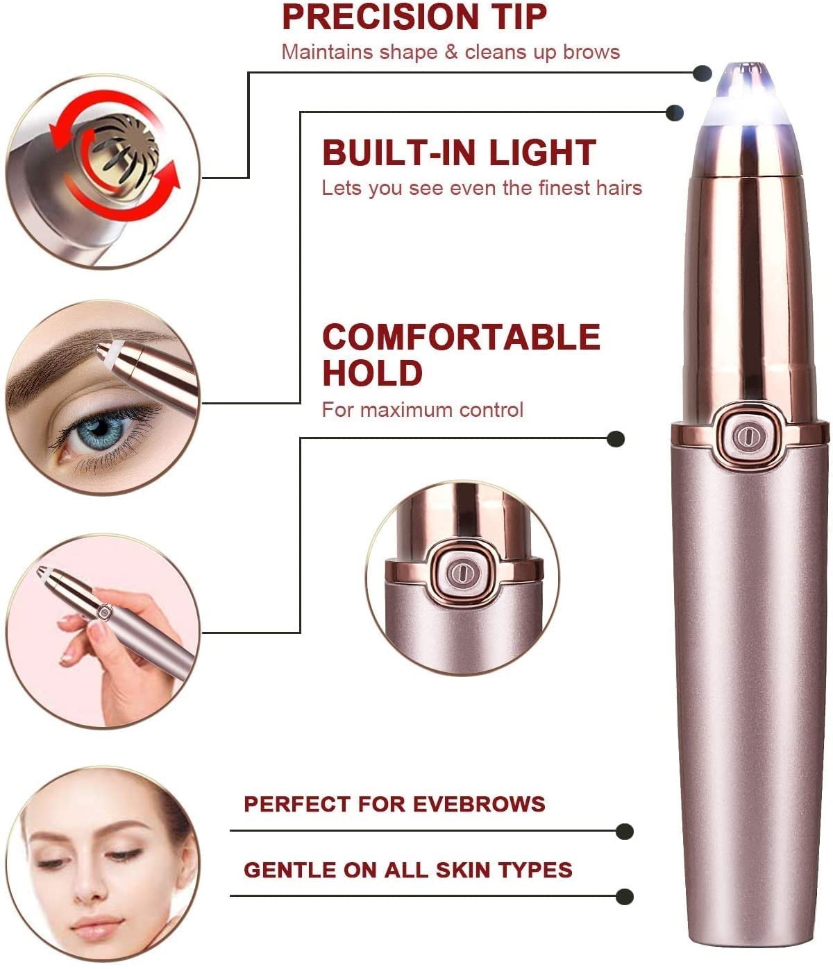 CARTSRUSHTI Women's Facial Hair Remover & Eyebrow Trimmer - Painless Epilator for Upper Lip, Chin & Face - Precise Pink Hair Removal Device (2022 Upgrade) - Perfect for Travel, Home & Salon Use