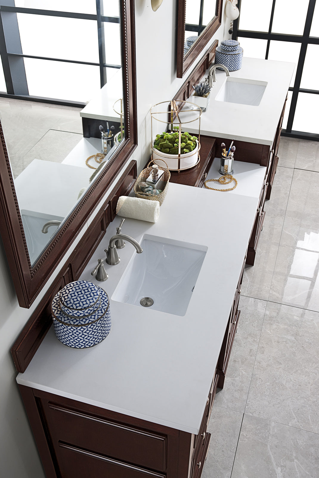 De Soto 118 Double Vanity Set with Makeup Table - Burnished Mahogany Finish & 3CM Classic White Quartz Top | Bathroom Vanity for Master Bath & Powder Room Remodel