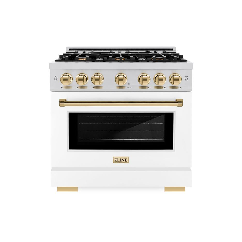 ZLINE Autograph Edition 36 Inch 5.2 Cu Ft Gas Range with 6 Burner Cooktop & Convection Oven - Stainless Steel with White Matte Door & Polished Gold Accents (HGRZ WM 36 G) - Perfect for Modern Kitchens, Home Chefs & Gourmet Cooking