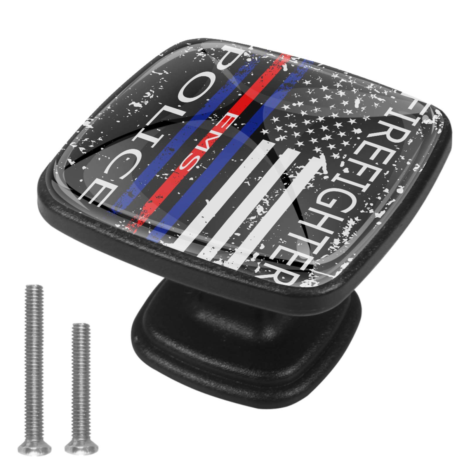 American Flag Police Firefighter EMS Cabinet Knobs - 4 Pack Drawer Pulls for Kitchen, Dresser, Cupboard, Wardrobe, Bathroom & Office - Perfect for Patriotic Home Decor & First Responder Gifts