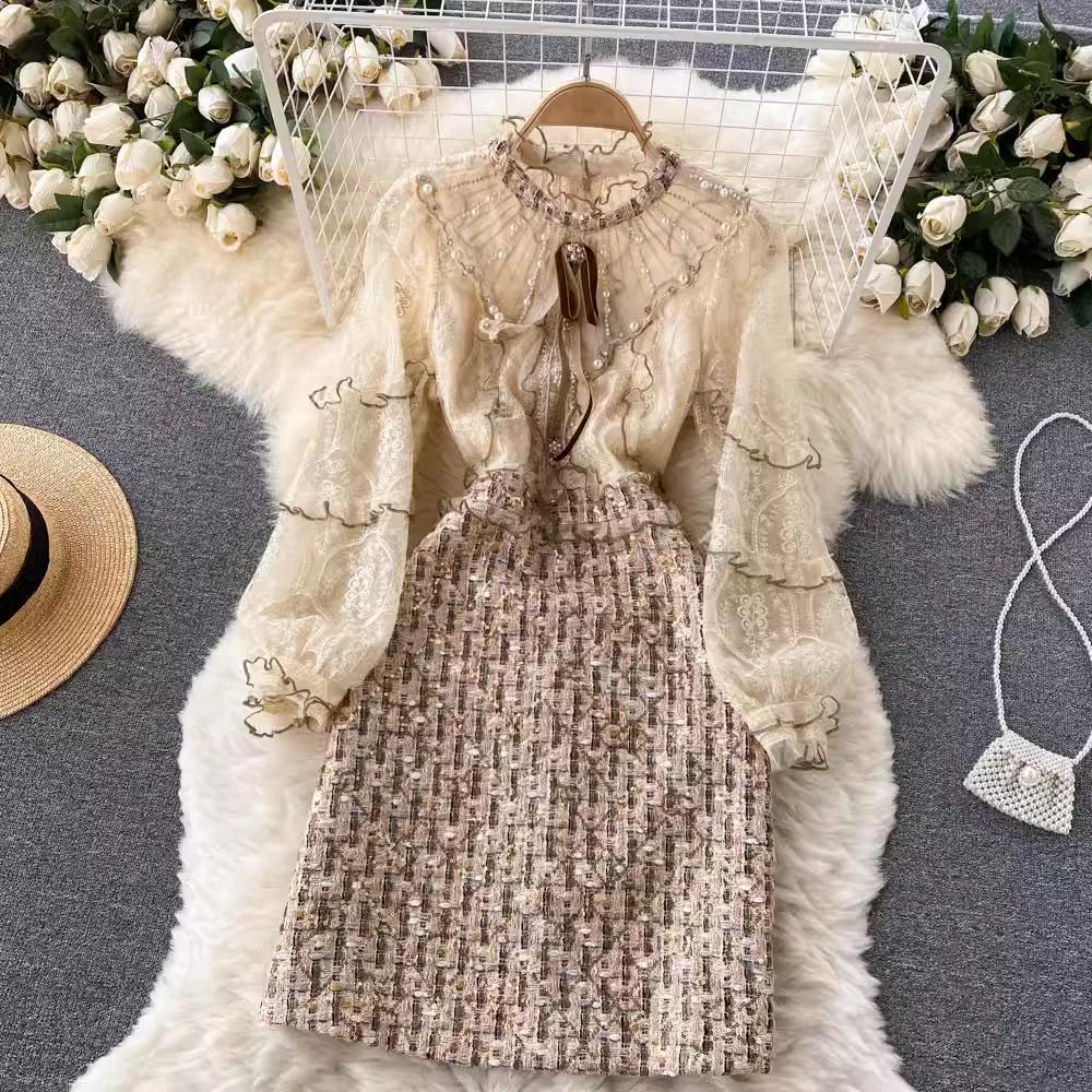 Vintage Beaded Lace Short Sleeve Dress - Retro Sweetheart Neckline Floral Embroidery Party Dress for Women | Perfect for Cocktail Parties, Date Nights & Summer Weddings