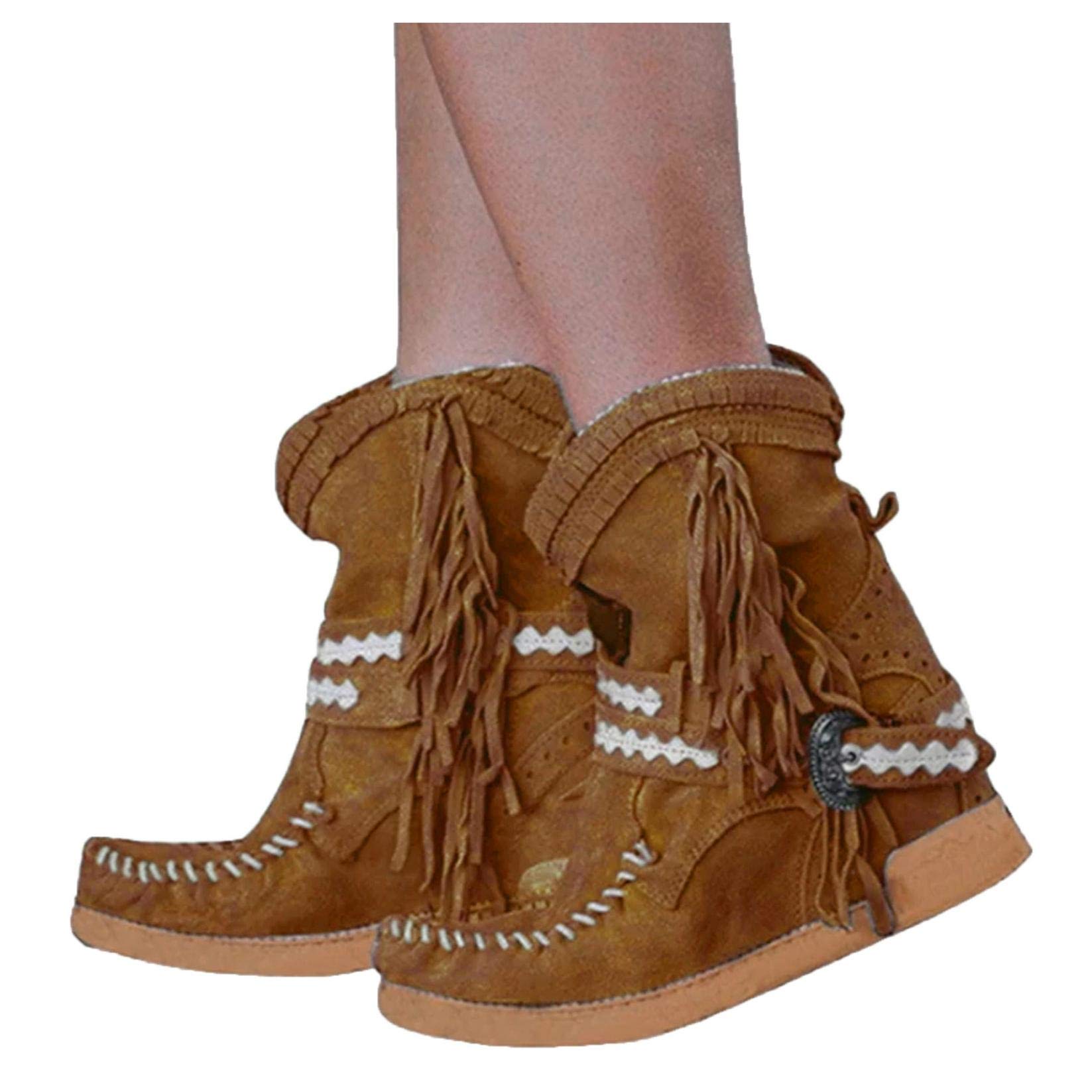 Women's Vintage Ankle Boots - Retro Fringe Tassel Buckle Low Heel Booties for Casual Wear & Fall Fashion