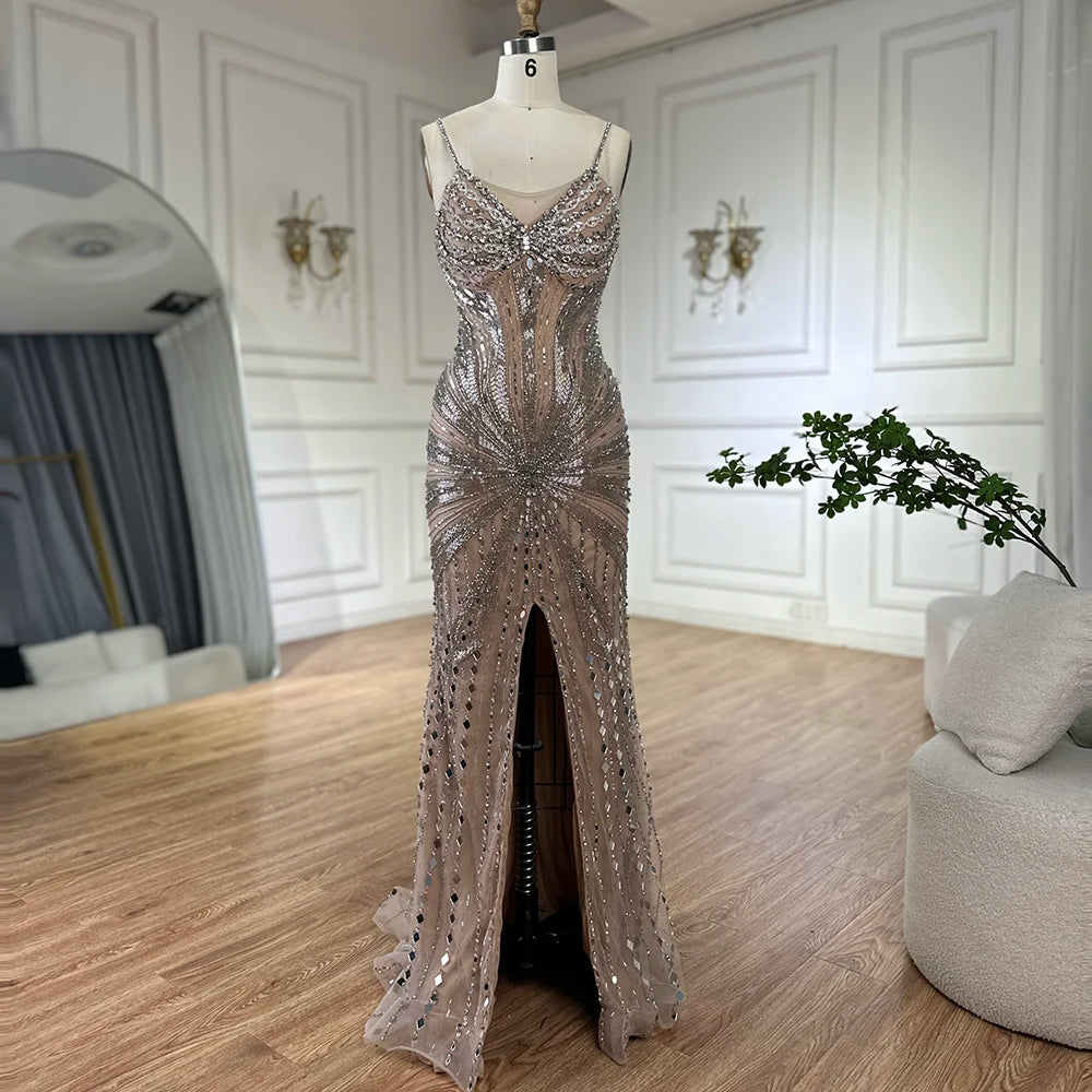 Luxury Dubai Silver Nude Beaded Spaghetti Strap Mermaid Evening Dress Gown for Women - Formal Party, Prom, Wedding Guest, Red Carpet Events LA72803