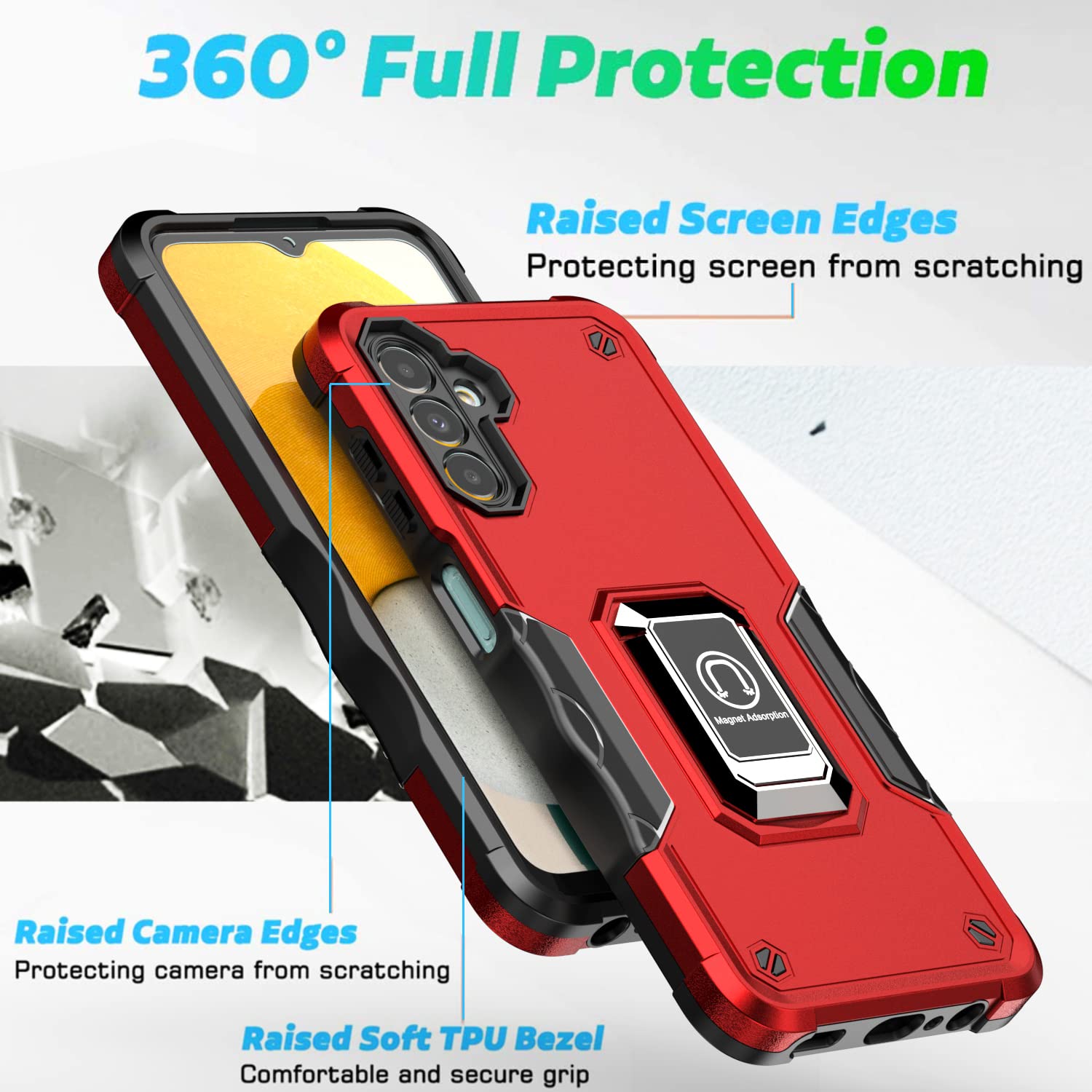 Durable Protective Phone Case with Ring Stand for Samsung Galaxy A13 5G (SM-A136) & A04S (SM-A047) - Shockproof Cover with Kickstand - Perfect for Work, Travel & Everyday Use - RS6 Black