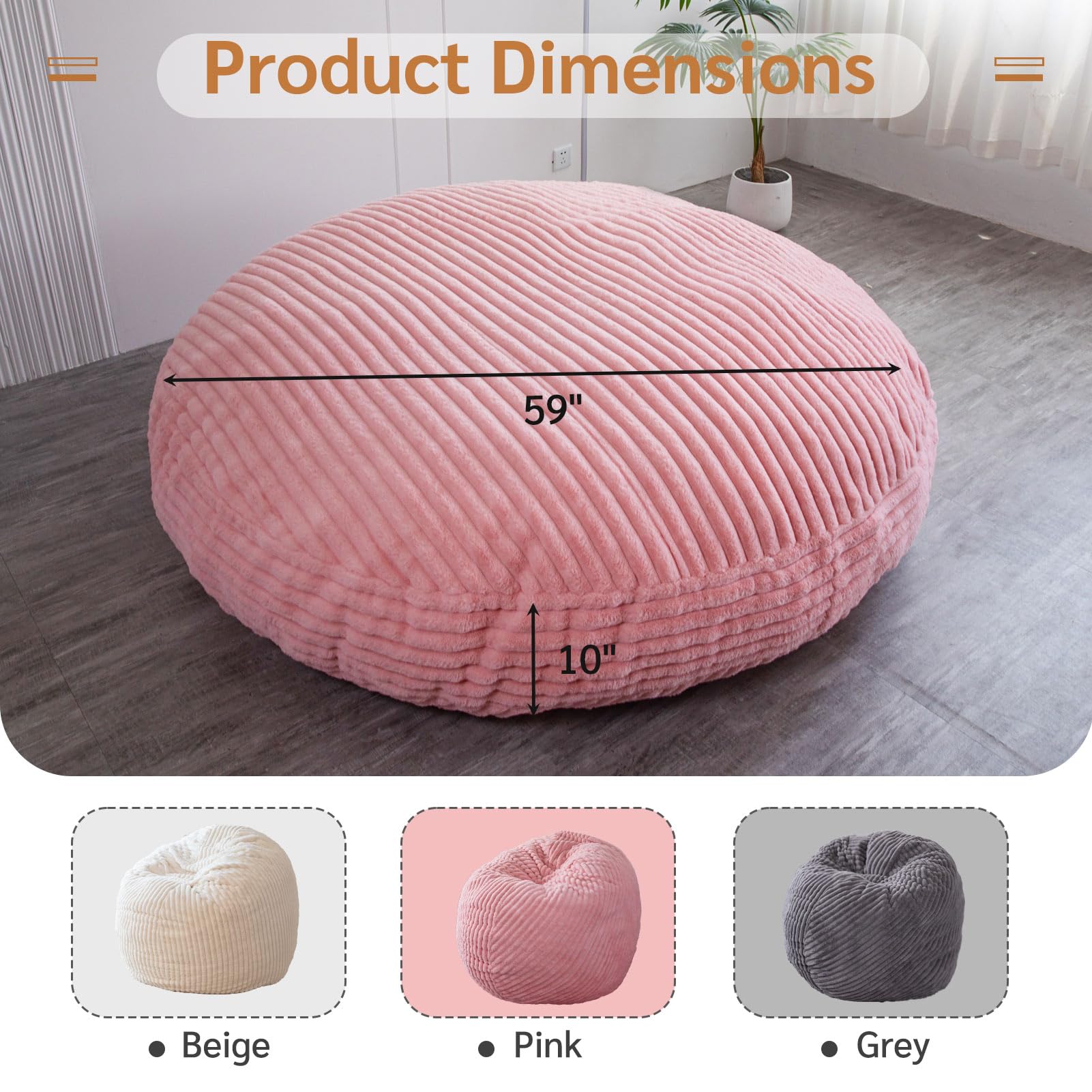 MAXYOYO Giant Round Bean Bag Chair for Adults - Soft Striped Faux Fur Oversized Lounger in Pink | Perfect for Living Room, Bedroom, Game Room & Dorm Relaxation