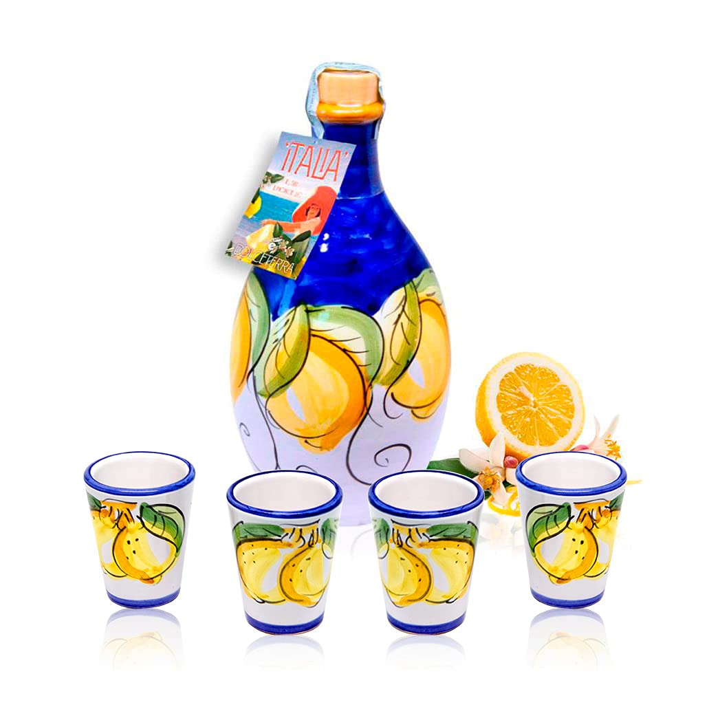Authentic Italian Limoncello Liqueur Gift Set - 16.9 Fl Oz Bottle with 4 Handmade Shot Glasses & Reusable Ceramic Jar | Perfect for Cocktail Parties, Italian-Themed Dinners & Holiday Gifting