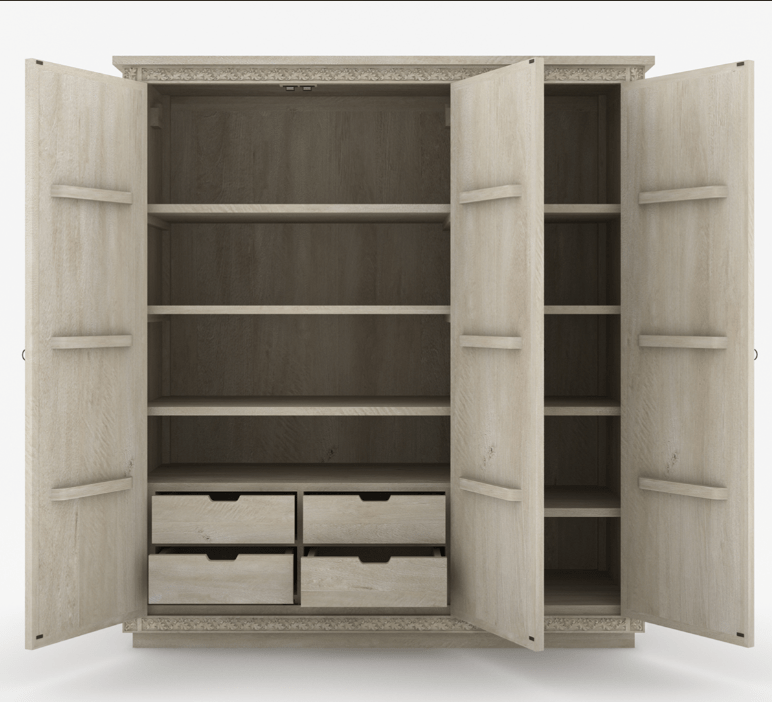 Hand Carved White Three Door Sunflower Design Armoire - Solid Wood Wardrobe for Bedroom Storage & Organization - Perfect for Master Bedroom, Guest Room & Closet Organization