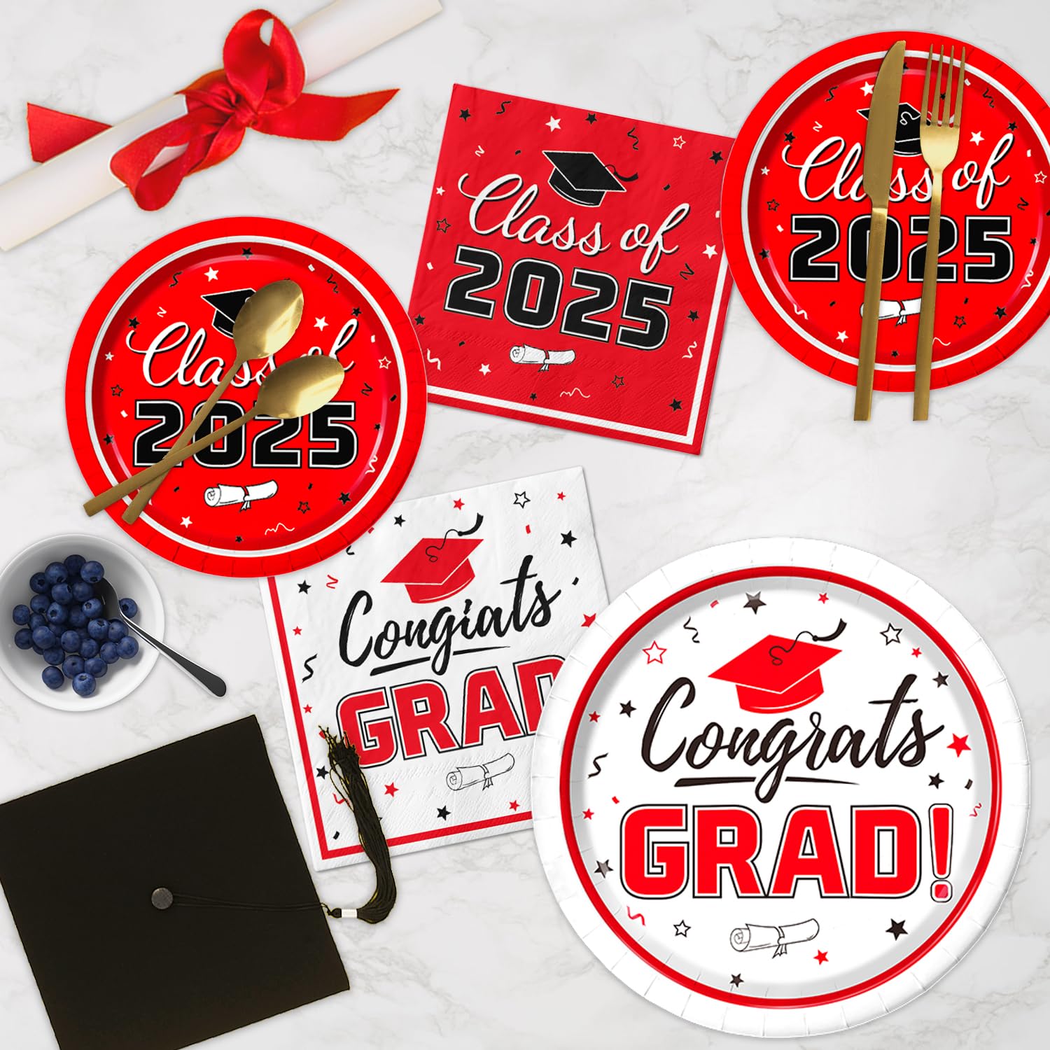 Class of 2025 Graduation Party Supplies Kit for 50 Guests - Red Disposable Dinner Plates, Dessert Plates & Napkins - Perfect for Grad Party Decorations & Celebration Events
