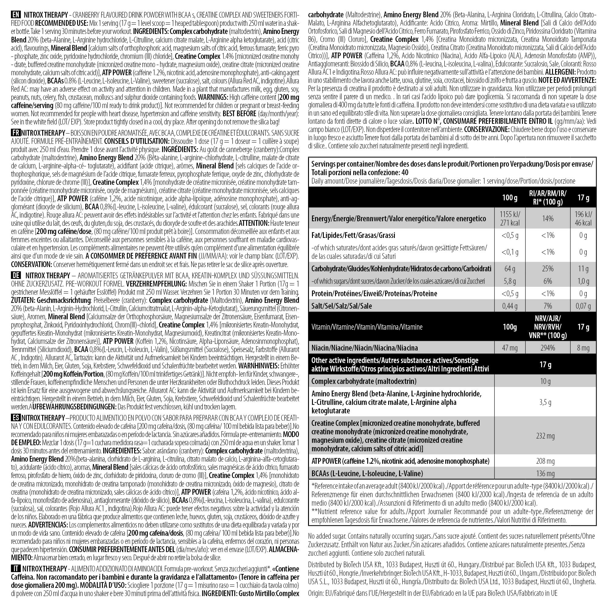 BioTechUSA Nitrox Therapy Cranberry Supplement - 680g for Muscle Recovery & Immune Support | Pre & Post Workout, Daily Health Boost