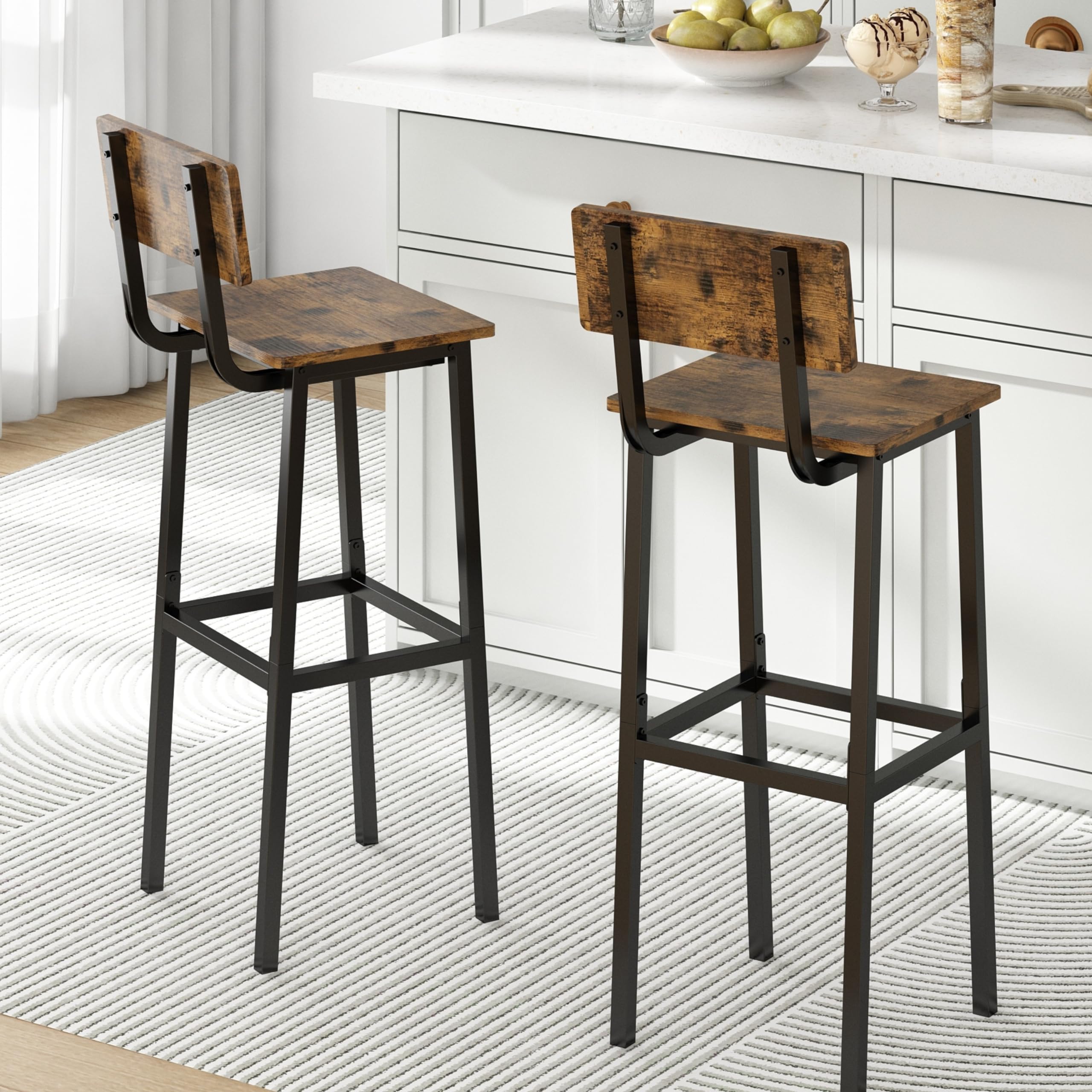 GILLAS Set of 2 Industrial Bar Stools with Backrest & Footrest - 30