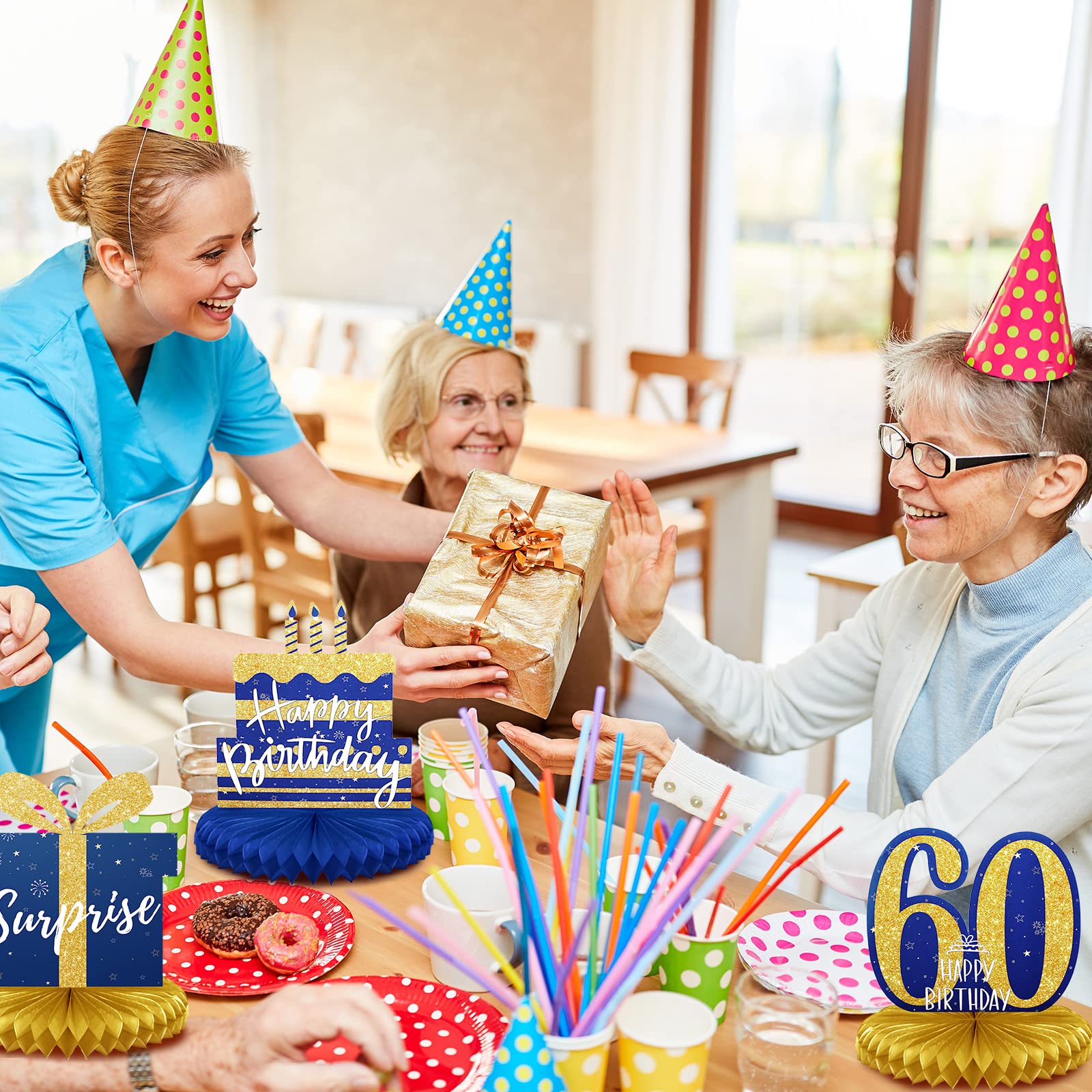 Spakon 8-Piece Gold & Blue 60th Birthday Table Centerpieces - Honeycomb Party Decorations for 60th Anniversary Celebrations - Perfect for Milestone Birthday Parties, Retirement Events & Golden Jubilee Decor