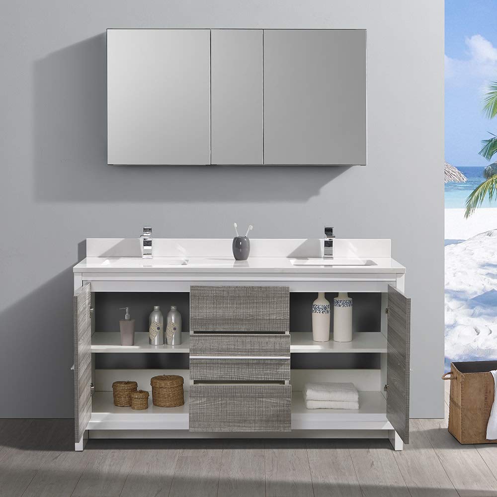 Fresca Allier Rio 60 Inch Modern Bathroom Vanity with Double Sink & Medicine Cabinet in Ash Gray - Perfect for Master Bathrooms and Guest Suites