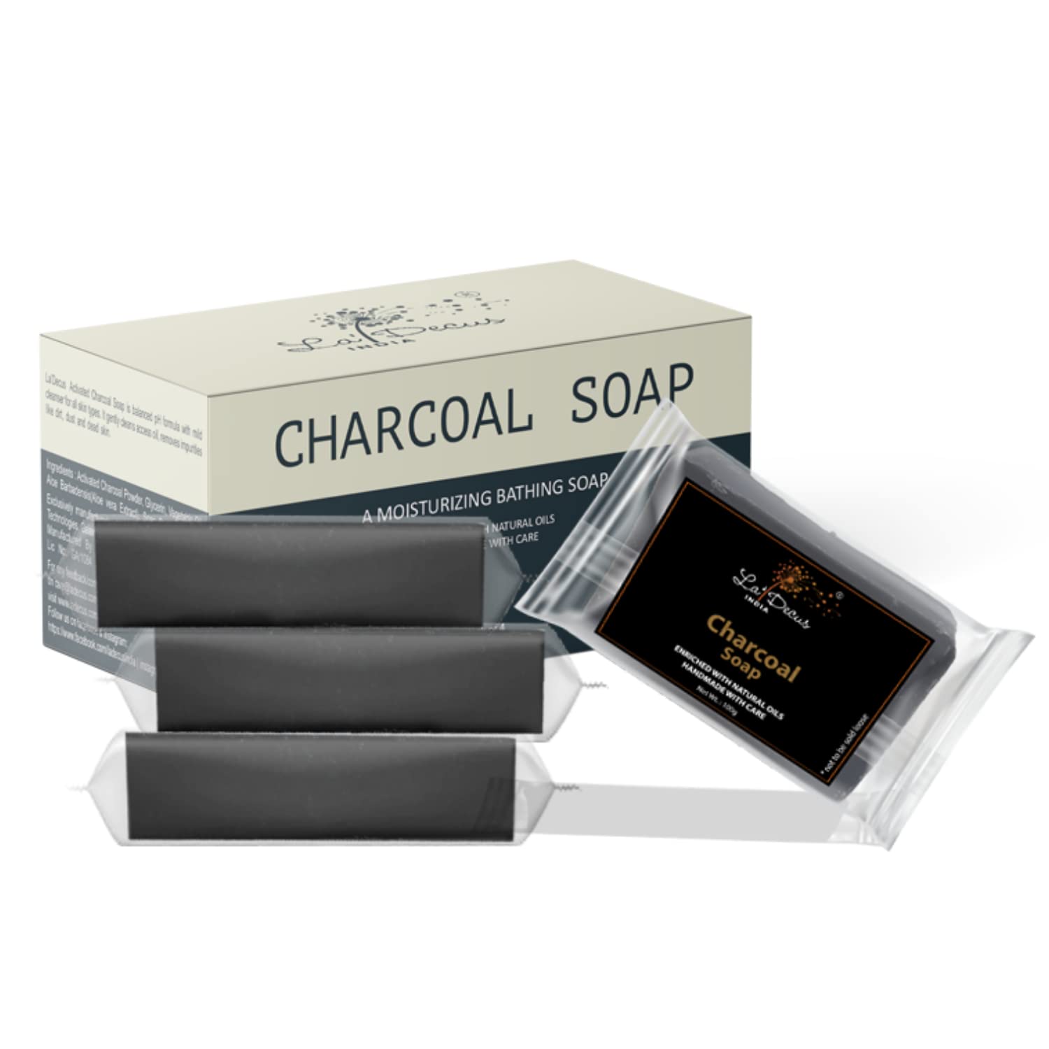 La' Decus Activated Charcoal Soap Combo Pack of 4 for Women & Men | Essential Oil Enriched Moisturizing Bar Soap | Detox & Exfoliate Skin | 100% Natural 100g Each | Perfect for Acne-Prone Skin & Daily Detox Routine