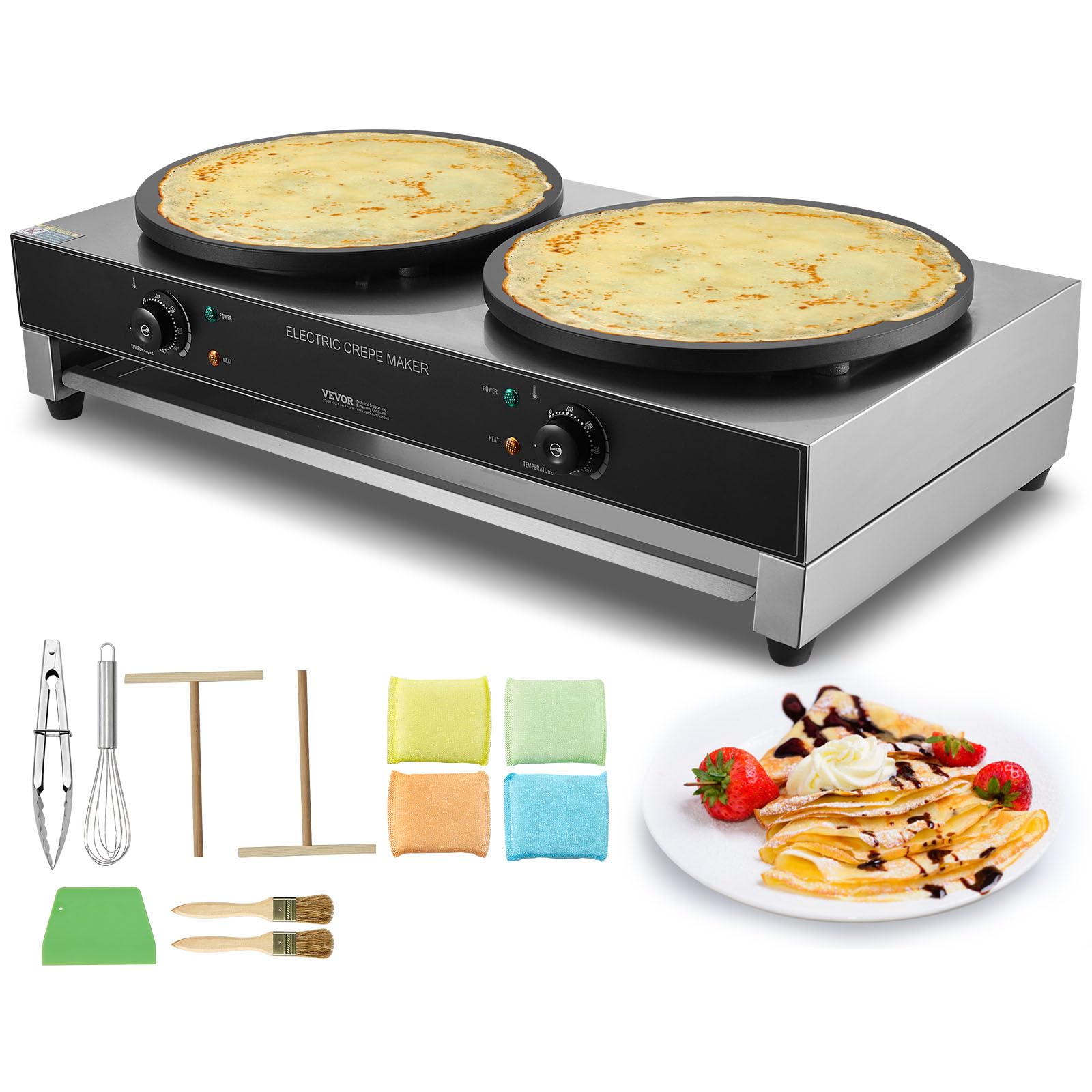 VEVOR 16-Inch Commercial Electric Crepe Maker - 3400W Double Head Nonstick Griddle with Temperature Control | Stainless Steel Pancake Machine for Breakfast, Desserts & Catering Business