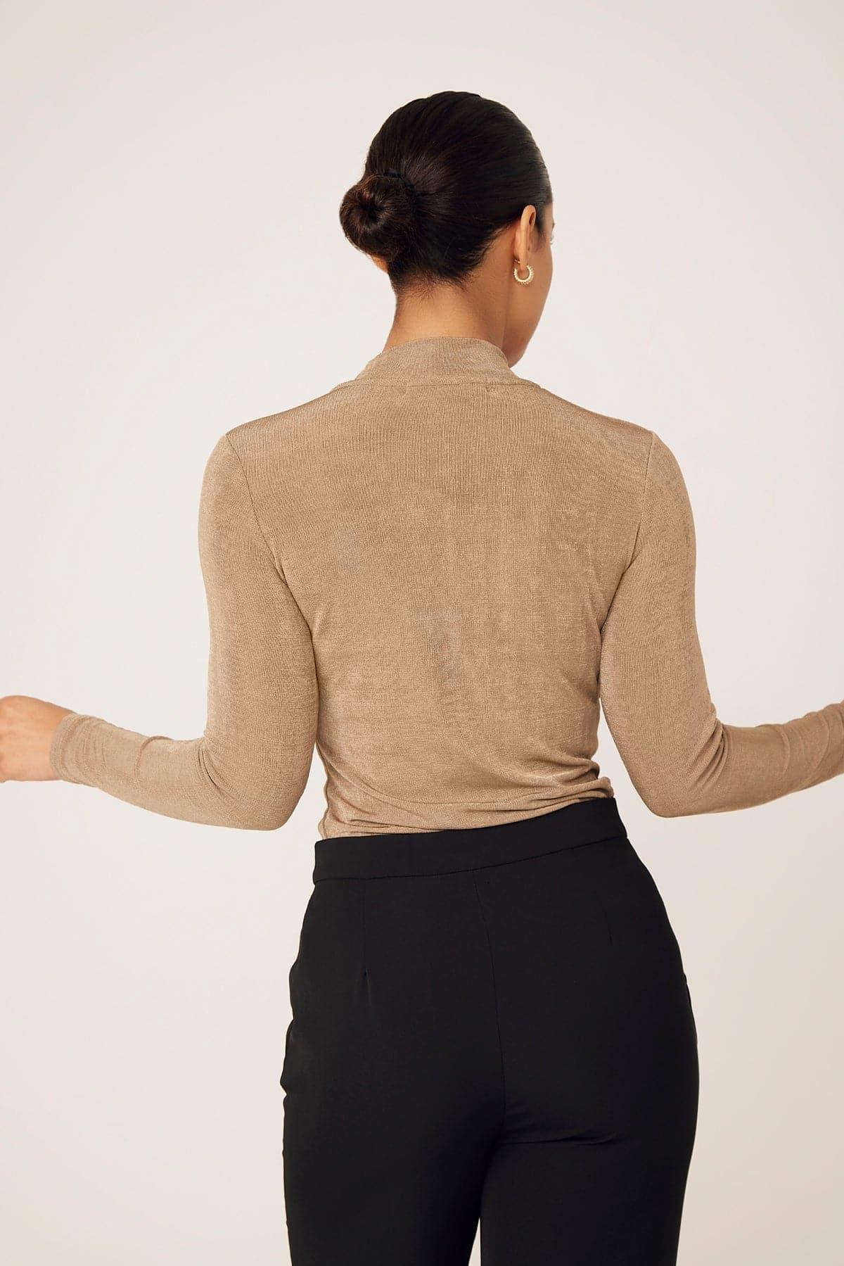 Camile Women's Long Sleeve Bodycon Shirt - Taupe Slim Fit Stretchy Top for Work, Party & Everyday Wear