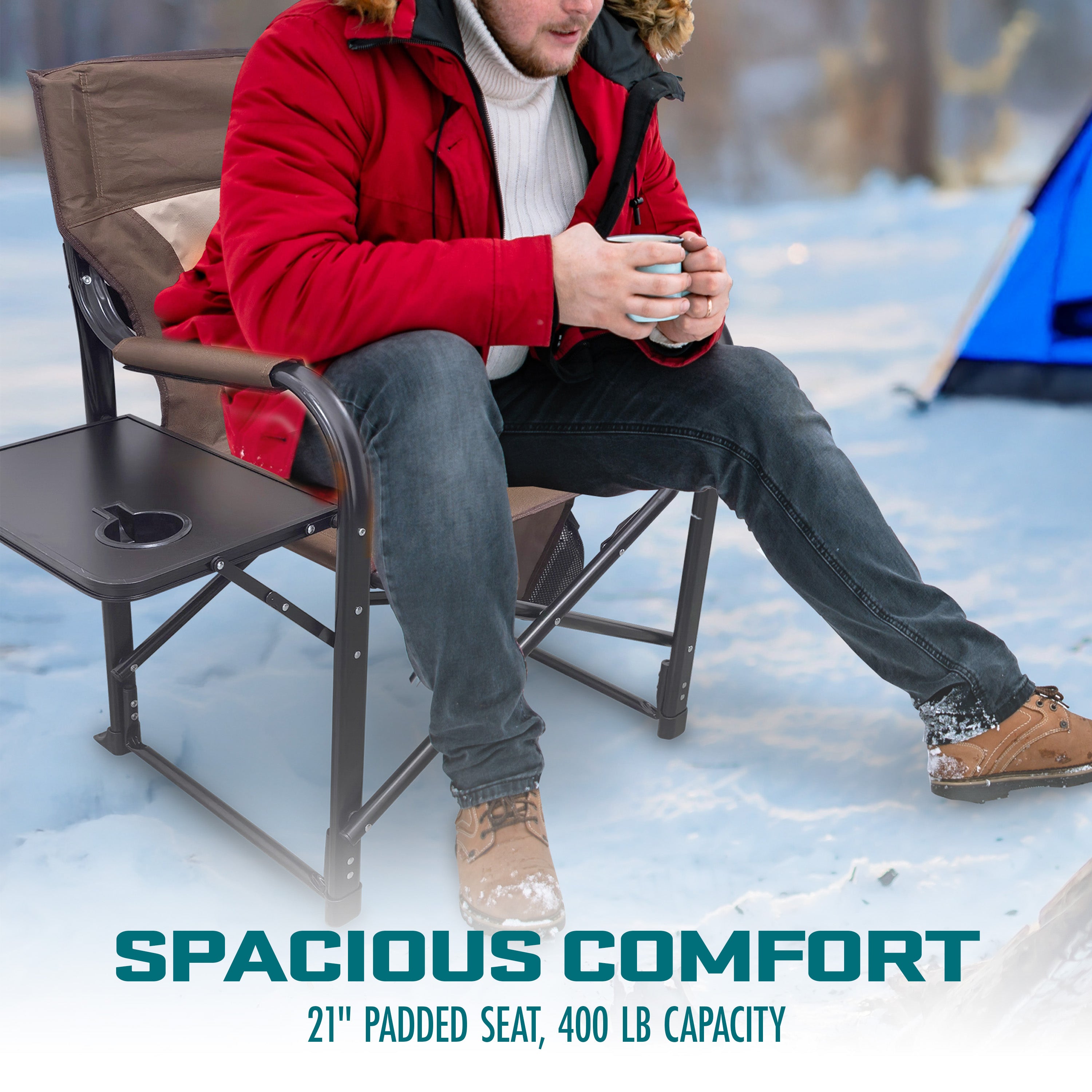 Bliss Hammocks BHC 24VH BRN 24 Volt Heated Director's Chair with 3 Temperature Settings | 21 Inch Wide Seat | Includes 2.0Ah Rechargeable Battery & Charger | Perfect for Outdoor Camping, Fishing, and Patio Relaxation