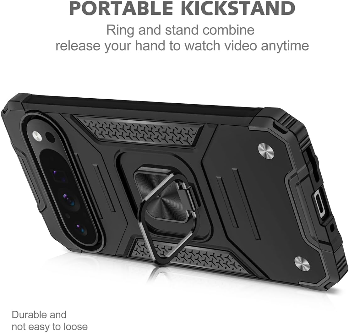 Google Pixel 9 Pro XL 360° Rotating Ring Holder Case - Shockproof Protective Phone Cover with Kickstand for Hands-Free Viewing, Perfect for Travel, Work & Daily Use