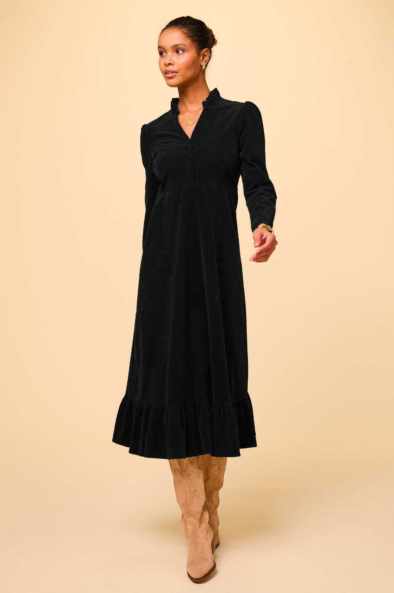 Percy Midi Stretch Corduroy Dress for Women | Soft Comfortable Black Corduroy Skirt Dress | Perfect for Fall Winter Outfits, Office Wear & Casual Dates