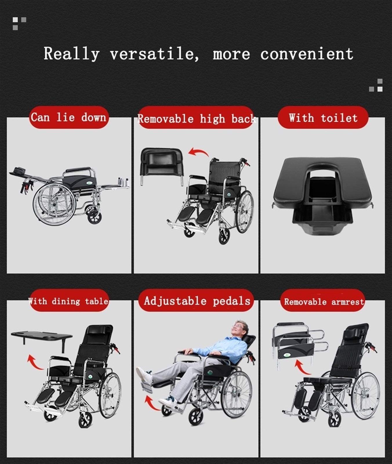 High Back Reclining Commode Wheelchair - Foldable Shower Chair with Lying Function | Adjustable Bathroom Safety Scooter for Elderly & Disabled Care | Home & Hospital Use (Upgraded Version)