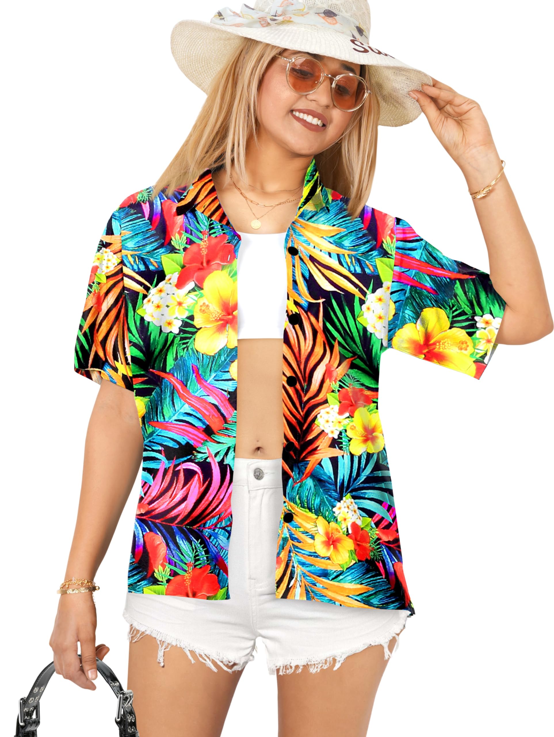 Happy Bay Women's Short Sleeve Hawaiian Shirt - Floral Print Vacation Blouse for Beach, Summer & Tropical Party Wear