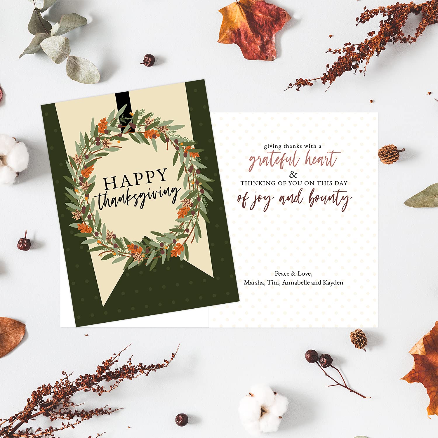 Personalized Thanksgiving Note Cards - 24 Rustic Autumn Foliage Wreath Greeting Cards for Business or Personal Use | Custom Fall Leaf Wreath Design | Perfect for Holiday Greetings, Thank You Notes & Seasonal Celebrations