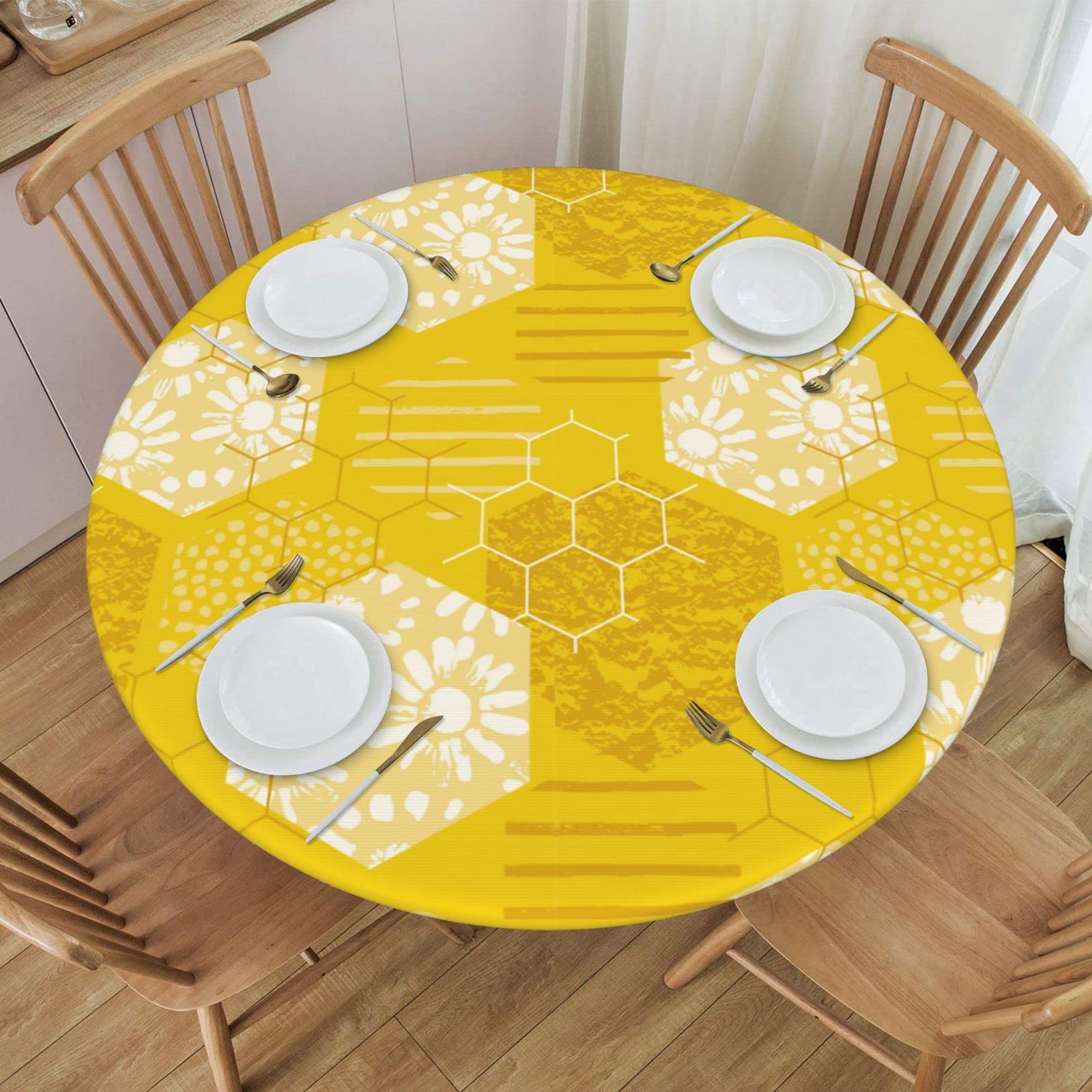 Honeycomb Pattern Elastic Edged Round Fitted Tablecloth - Waterproof & Wipeable Kitchen Table Cover for 45-50 Inch Tables - Perfect for Indoor, Outdoor, Parties & Dining