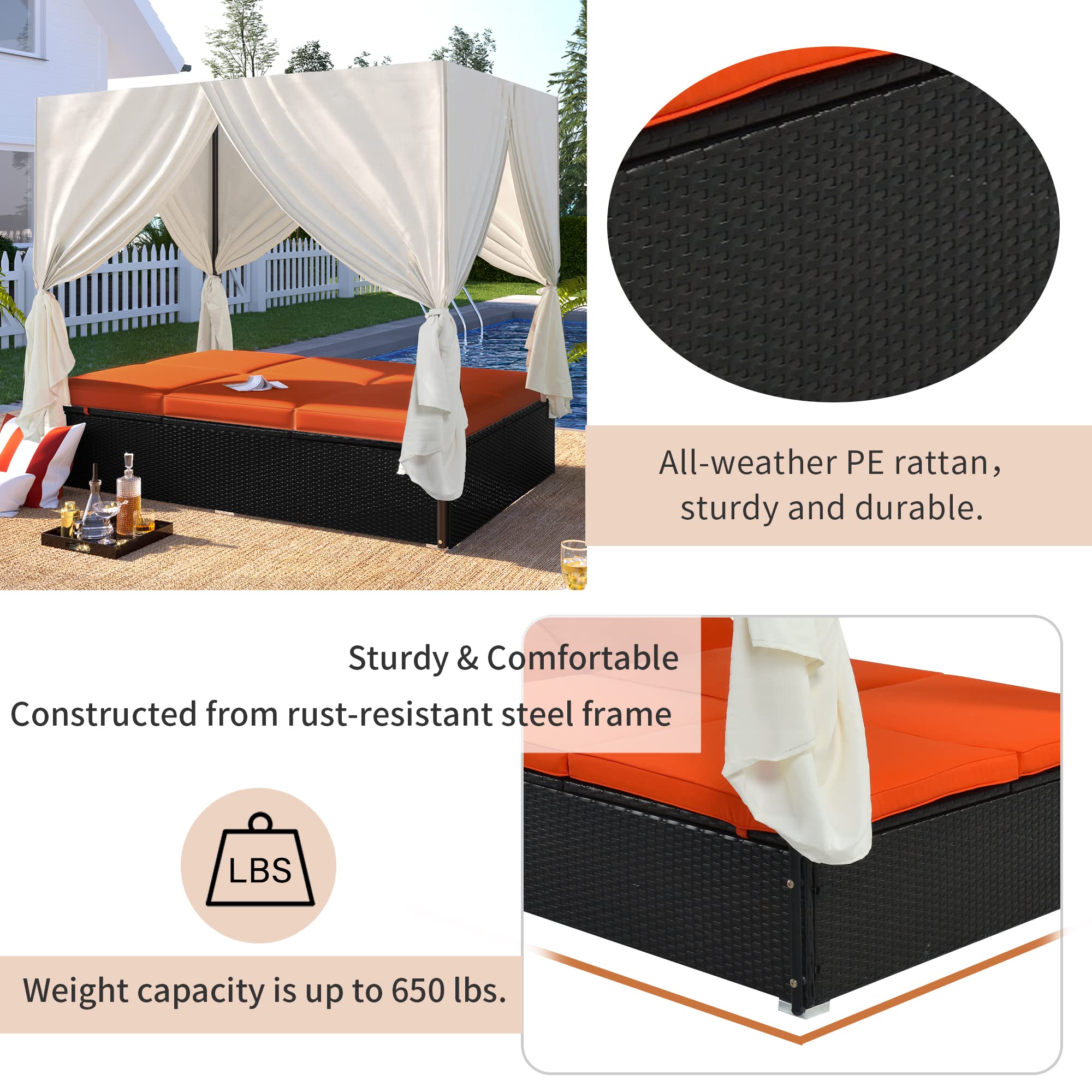 **Adjustable PE Rattan Outdoor Chaise Lounge with Canopy & Cushions – Patio Sunbed Daybed for Backyard, Garden, Poolside – Perfect for Relaxing, Sunbathing & Lounging (2-6 Person Capacity)**
