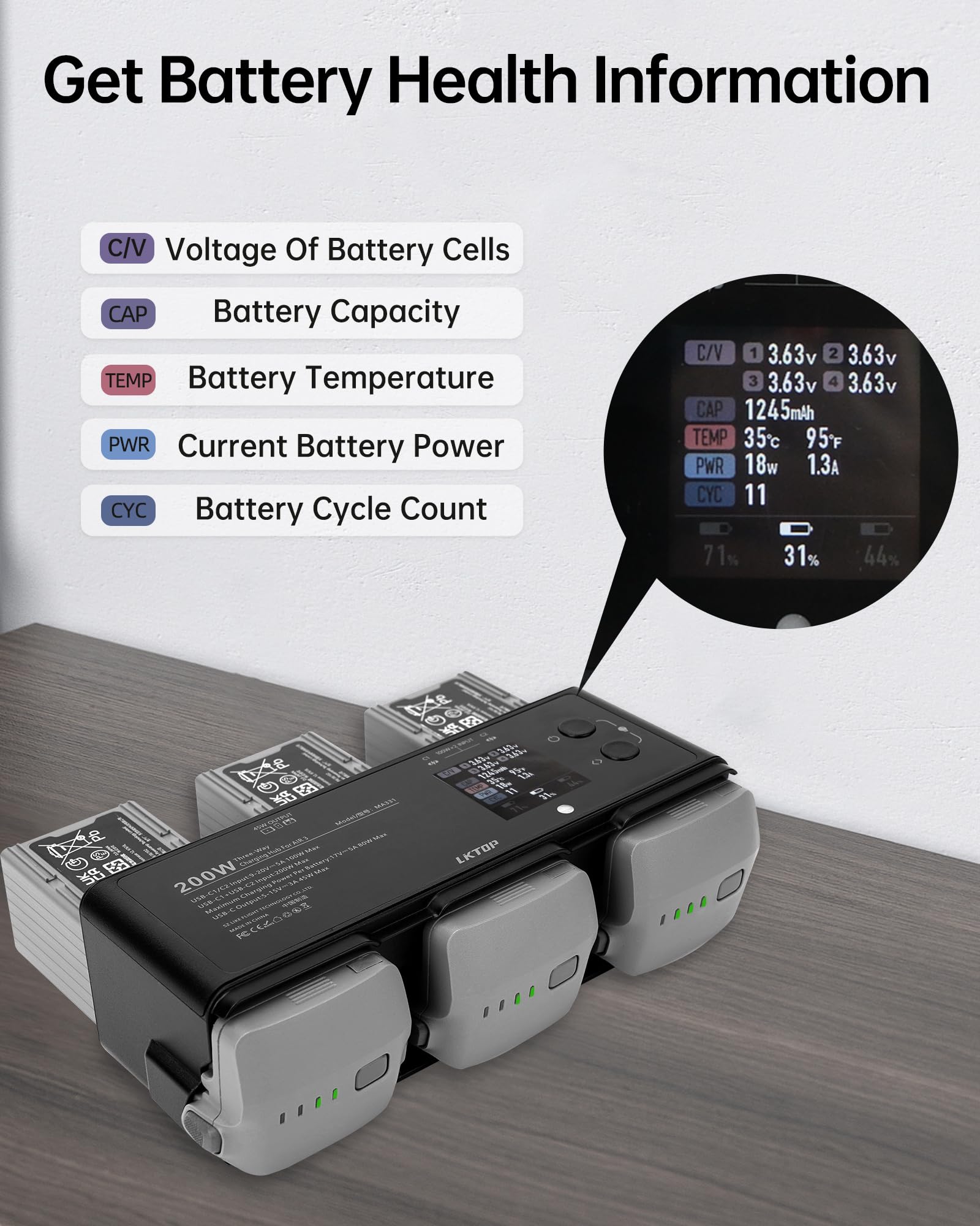 200W Fast Charging Kit for DJI Air 3/Air 3S Drone - Includes 100W USB-C Power Adapter, LED Display, Storage/Gathering Mode & Alarm - Perfect for Outdoor Drone Photography, Travel & Professional Aerial Shoots