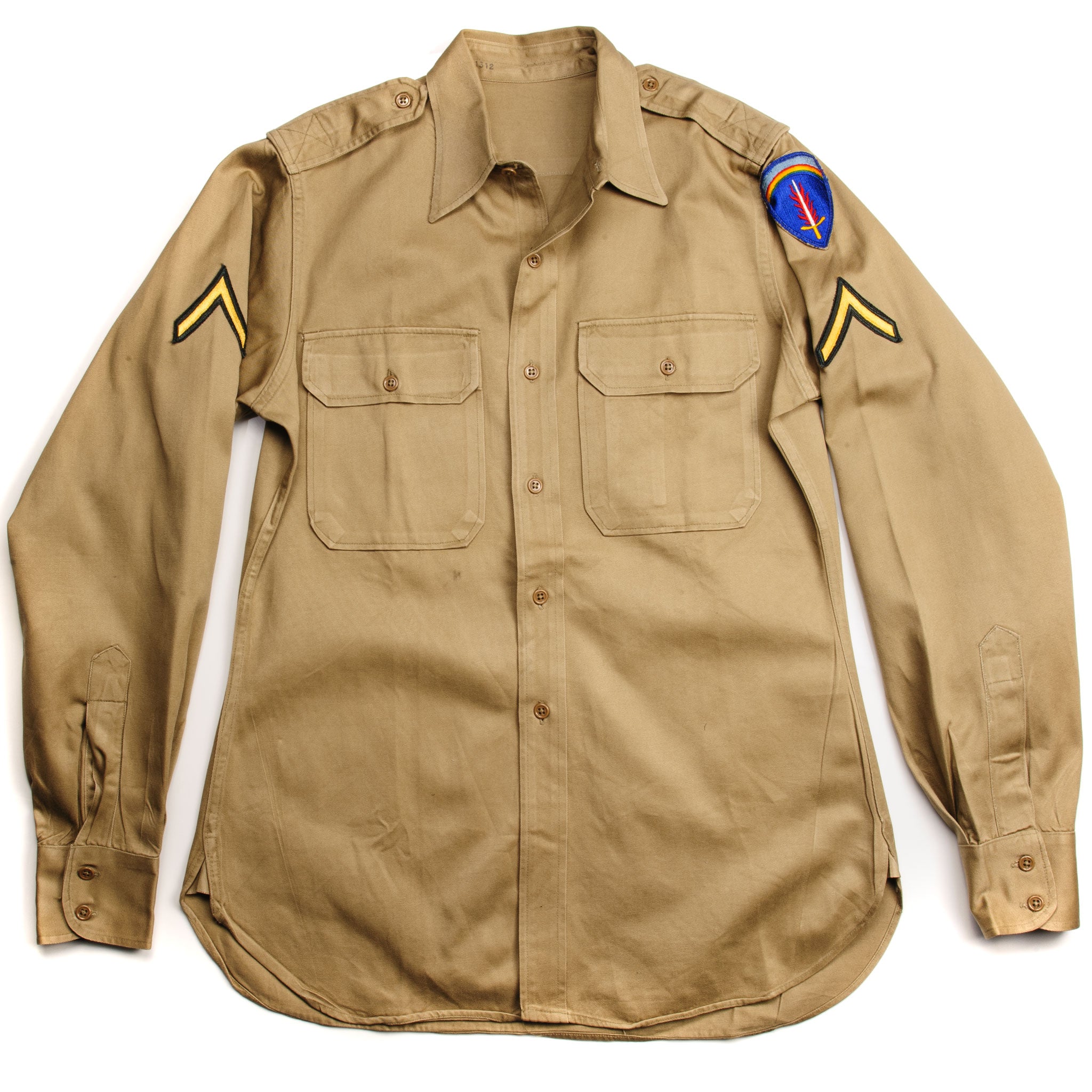 Vintage US Army Cotton Shirt Size 37 M37 Khaki WWII Era SHAEF Patch - Authentic Military Uniform for Collectors & Reenactments