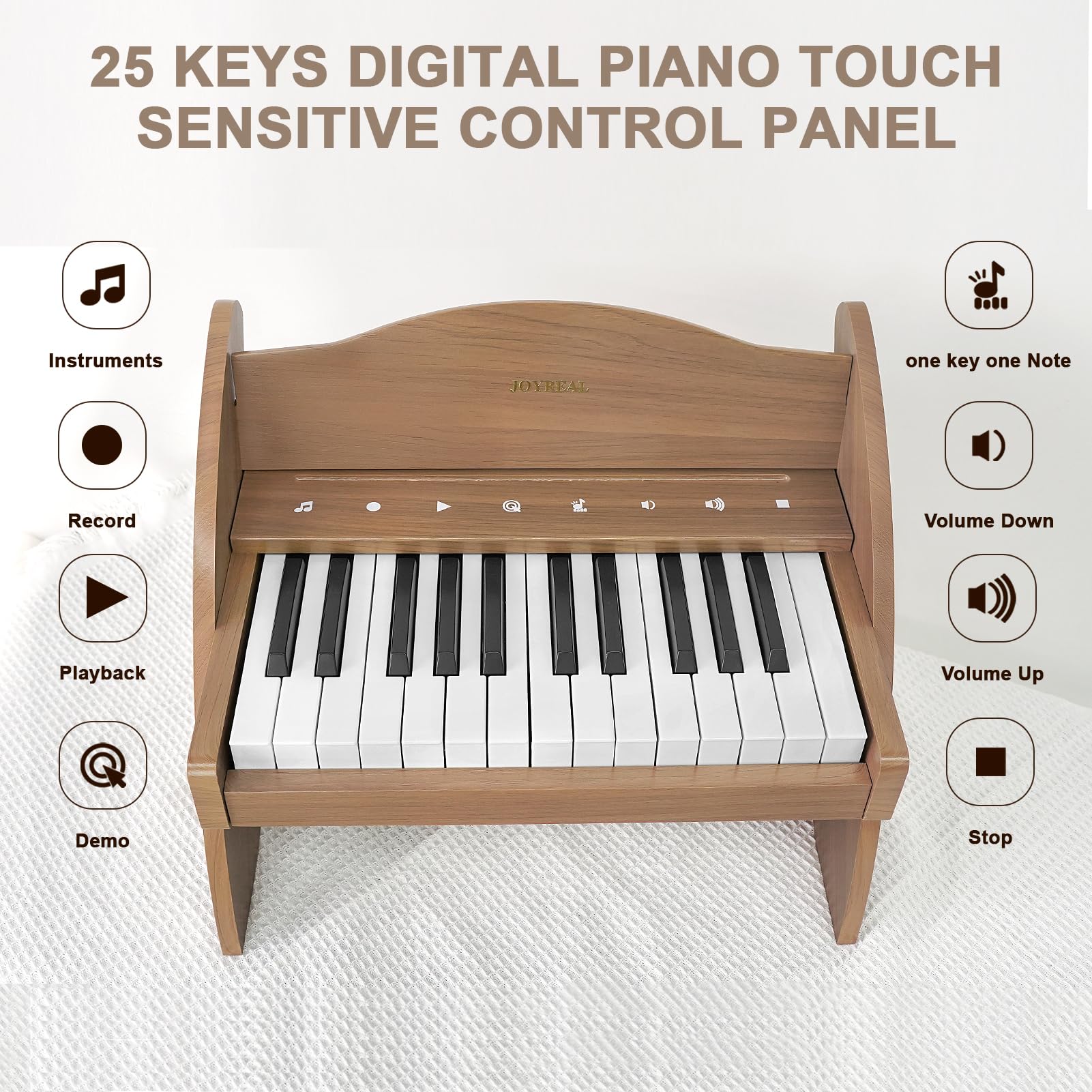 Joyreal 25-Key Digital Piano Keyboard for Kids - Touch Sensitive Keys with Educational Stickers, Wooden Mini Piano Toy for Boys & Girls Ages 3+ | Perfect for Early Music Education, Birthday Gifts & Home Play