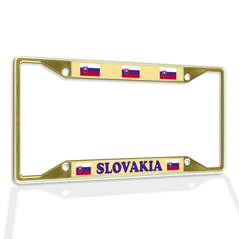 Slovakia Flag Metal License Plate Frame - Weatherproof Gold 4-Hole Car Accessory for Outdoor & Road Trip Protection