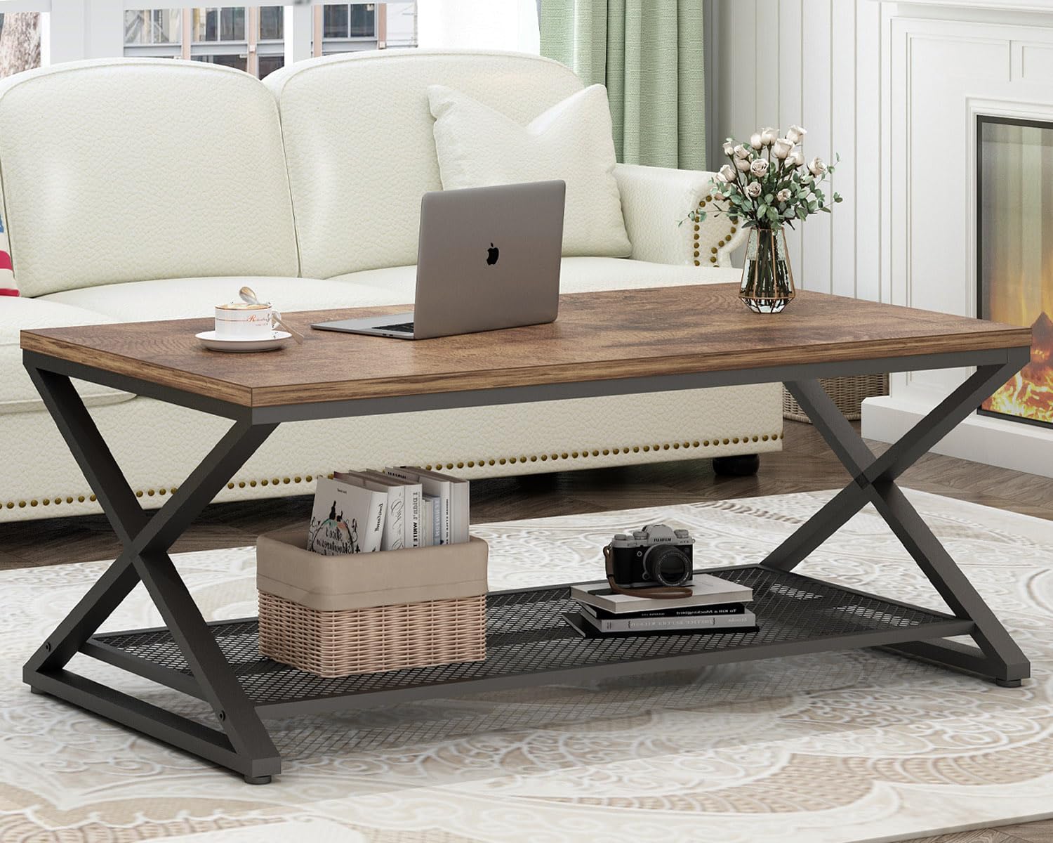 LVB Rustic Coffee Table - 39 Inch Industrial Metal & Wood 2-Tier Cocktail Table with Storage Shelf | Farmhouse Style Rectangle Center Table for Living Room, Office & Bedroom | Rustic Brown Finish | Perfect for Small Spaces, Home Decor & Entertaining Guests