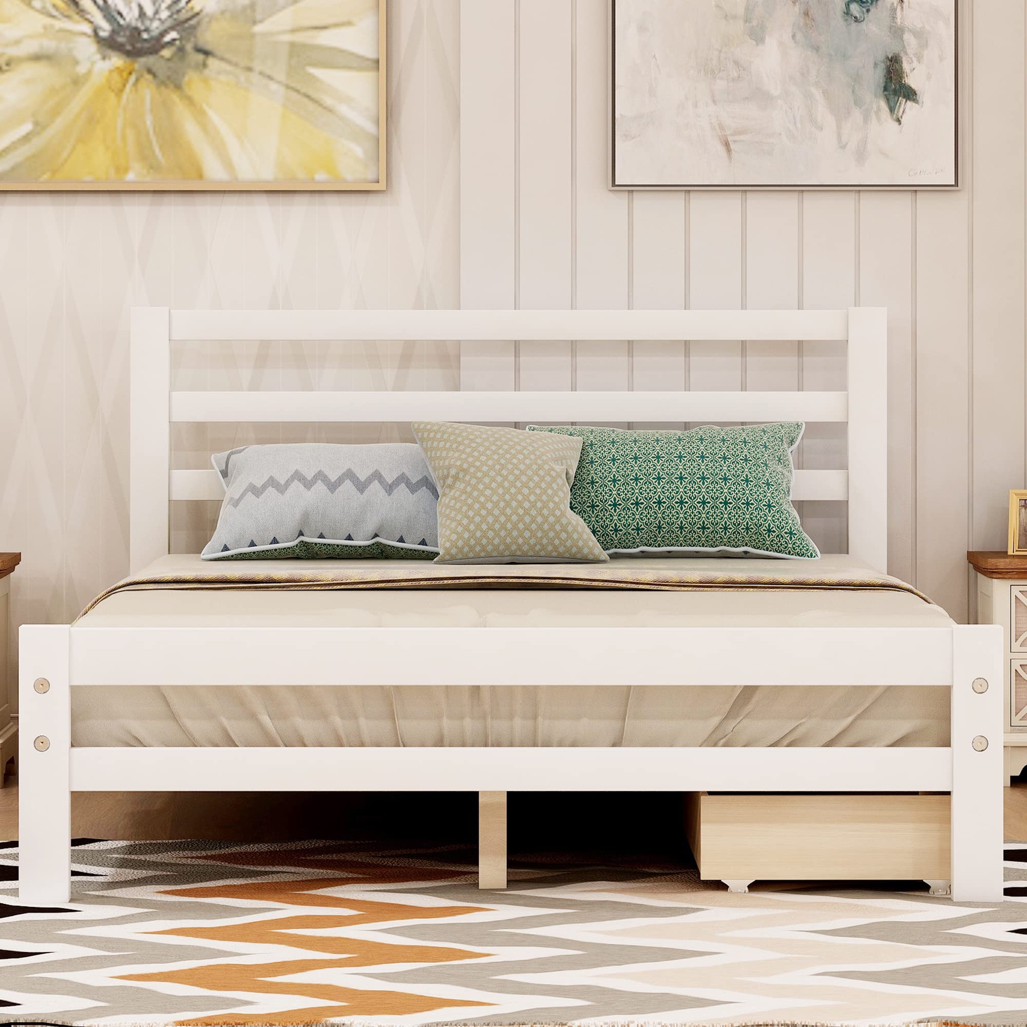 P PURLOVE Full Size Wooden Bed Frame with Headboard & Footboard - Sturdy Platform Bed with Storage Drawers & Wood Slat Support - Perfect for Master Bedroom, Guest Room & Small Space Living