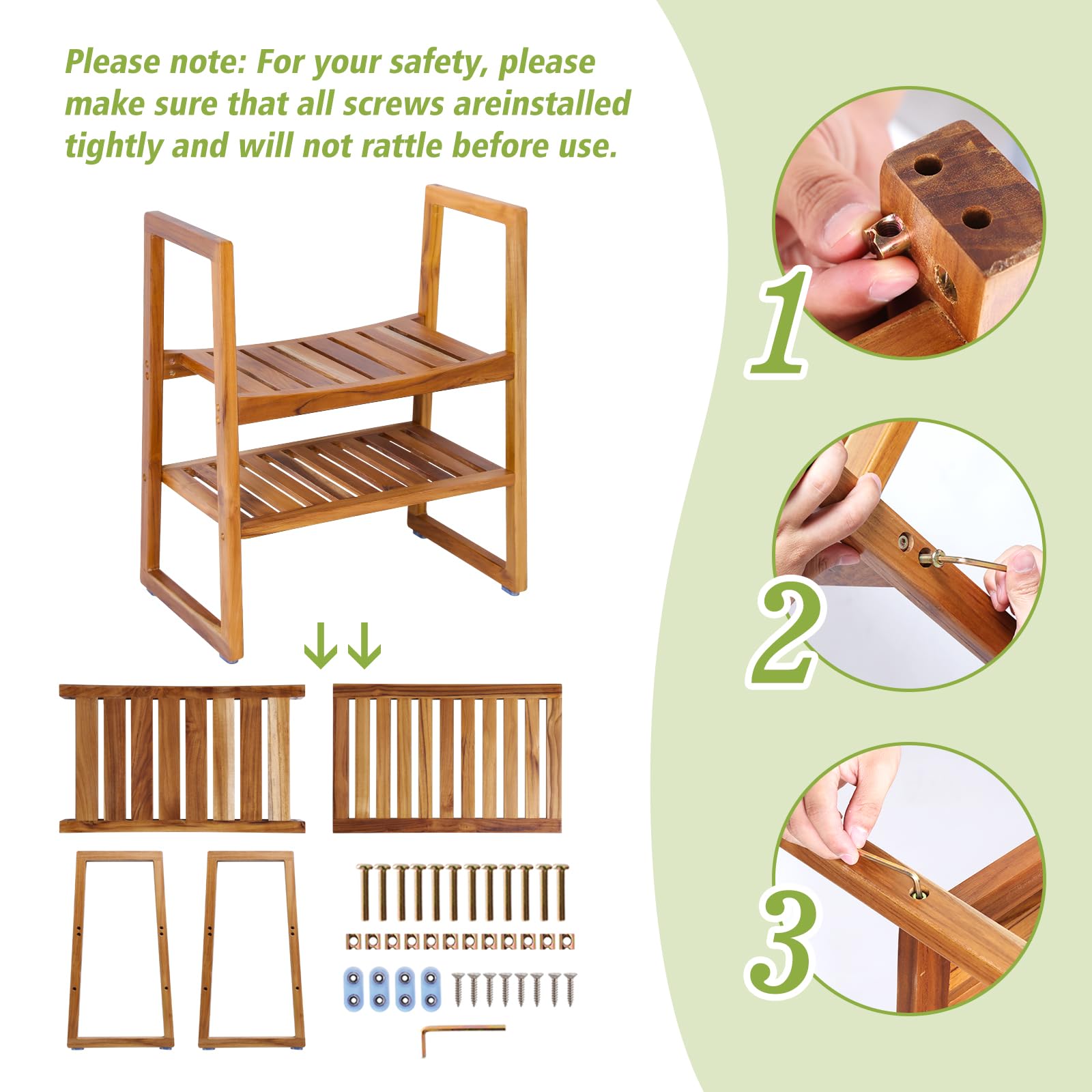 Premium Teak Shower Bench with Arms & 2-Tier Storage Shelf - 21