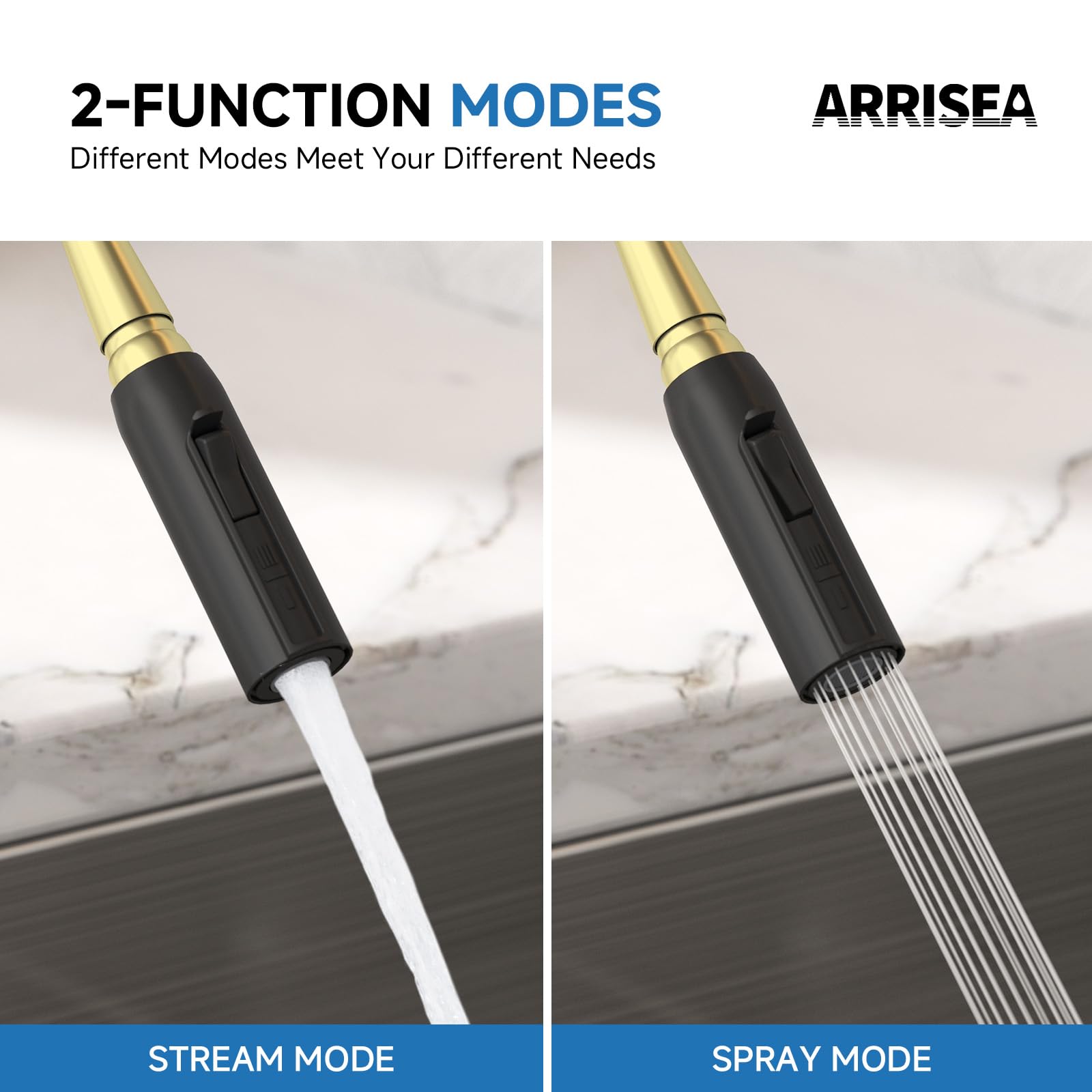 ARRISEA Brushed Gold Bridge Kitchen Faucet - 3 Hole, Pull Down Sprayer for Farmhouse Sinks