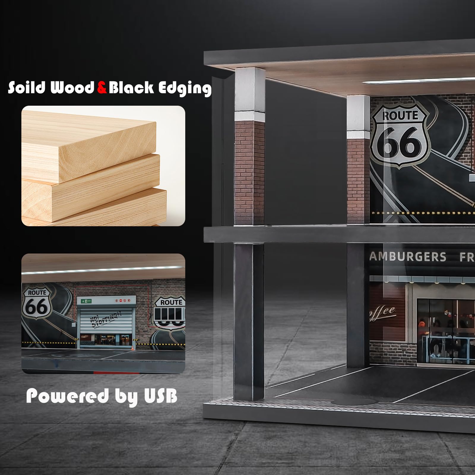 1:24 Scale Alloy Car Model Display Case with LED Light & Dust Cover - Coffee Bar Parking Lot Scene for Diecast Toy Cars, Lego & Collectibles - Perfect for Home Decoration, Gift & Showcase