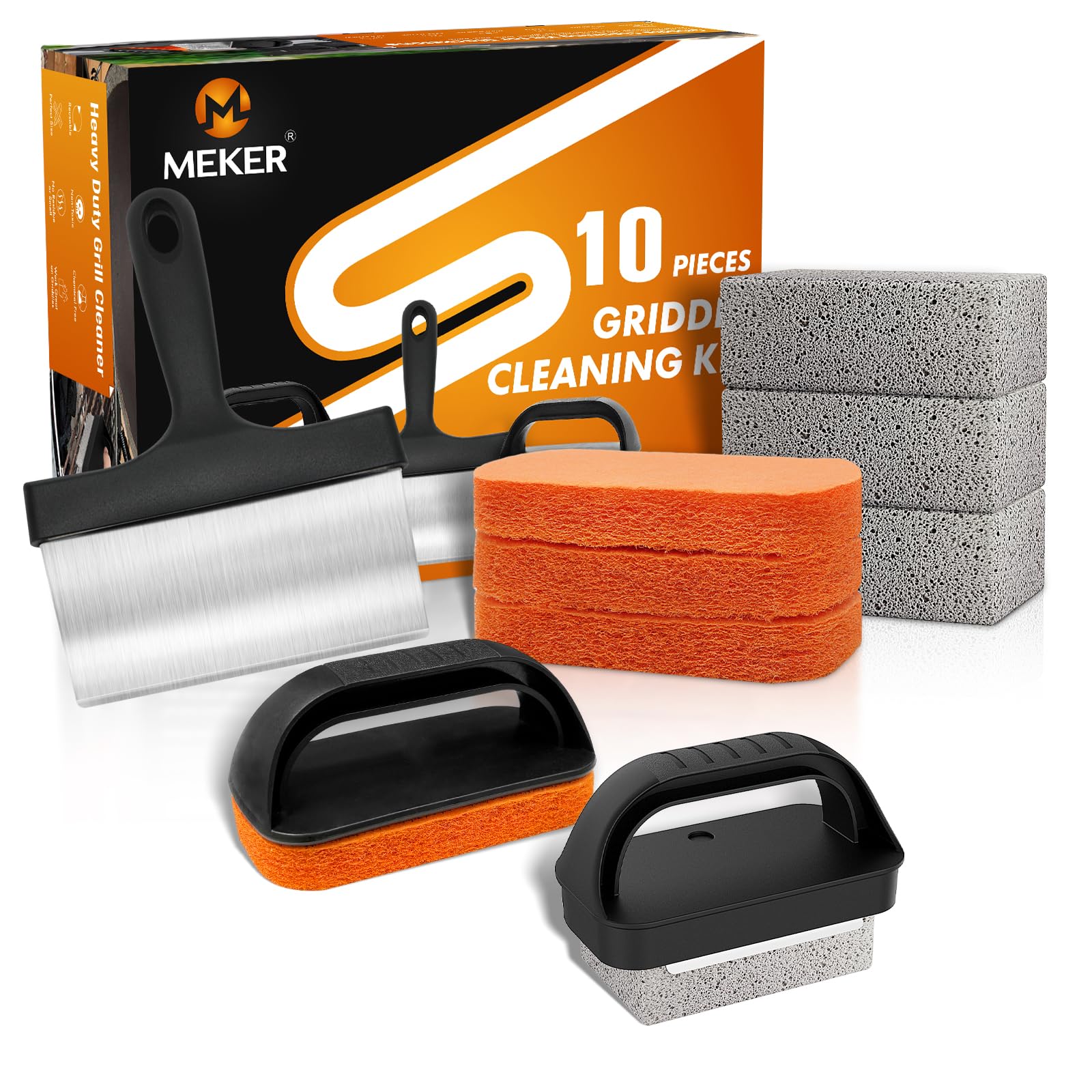 **MEKER Blackstone Griddle Cleaning Kit - 10-Piece Flat Top Grill Scraper Set with Grill Stone, Upgraded Scouring Pads & Handle Brush - Effortless Stain Removal for Outdoor Cooking & BBQ Maintenance**