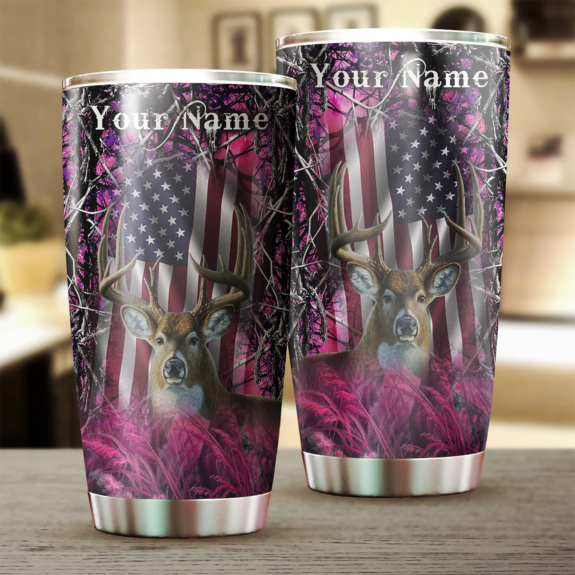Personalized Deer Hunting Pink Camo Tumbler 20oz - Stainless Steel Insulated Cup with Custom Name - Funny Gift for Men, Women, Kids & Grandparents - Perfect for Hunting Trips, Outdoor Adventures & Daily Use