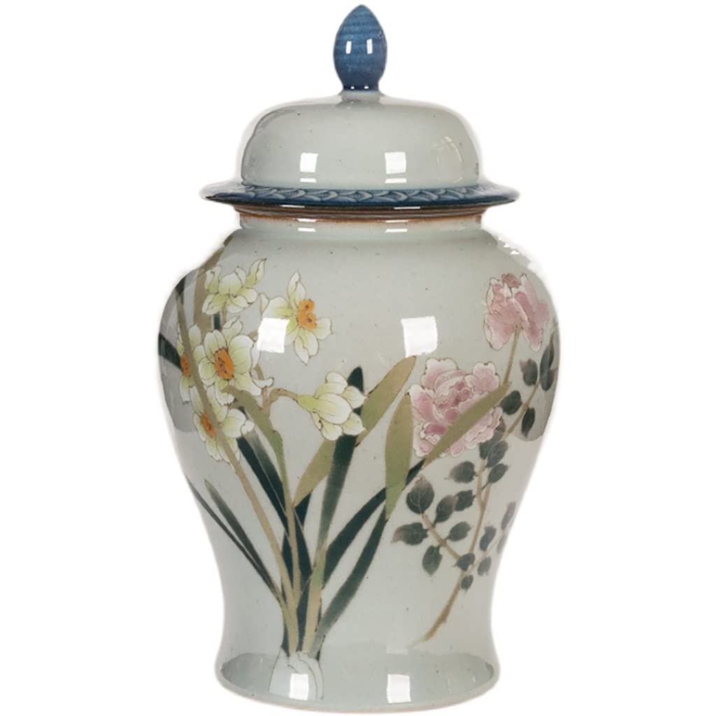 Antique Hand-Painted Ceramic Ginger Jar with Lid - White Floral Porcelain Vase for Home Decor, Table Centerpiece & Storage Container | Perfect for Living Room Display, Wedding Decor & Traditional Chinese Style Interior Design