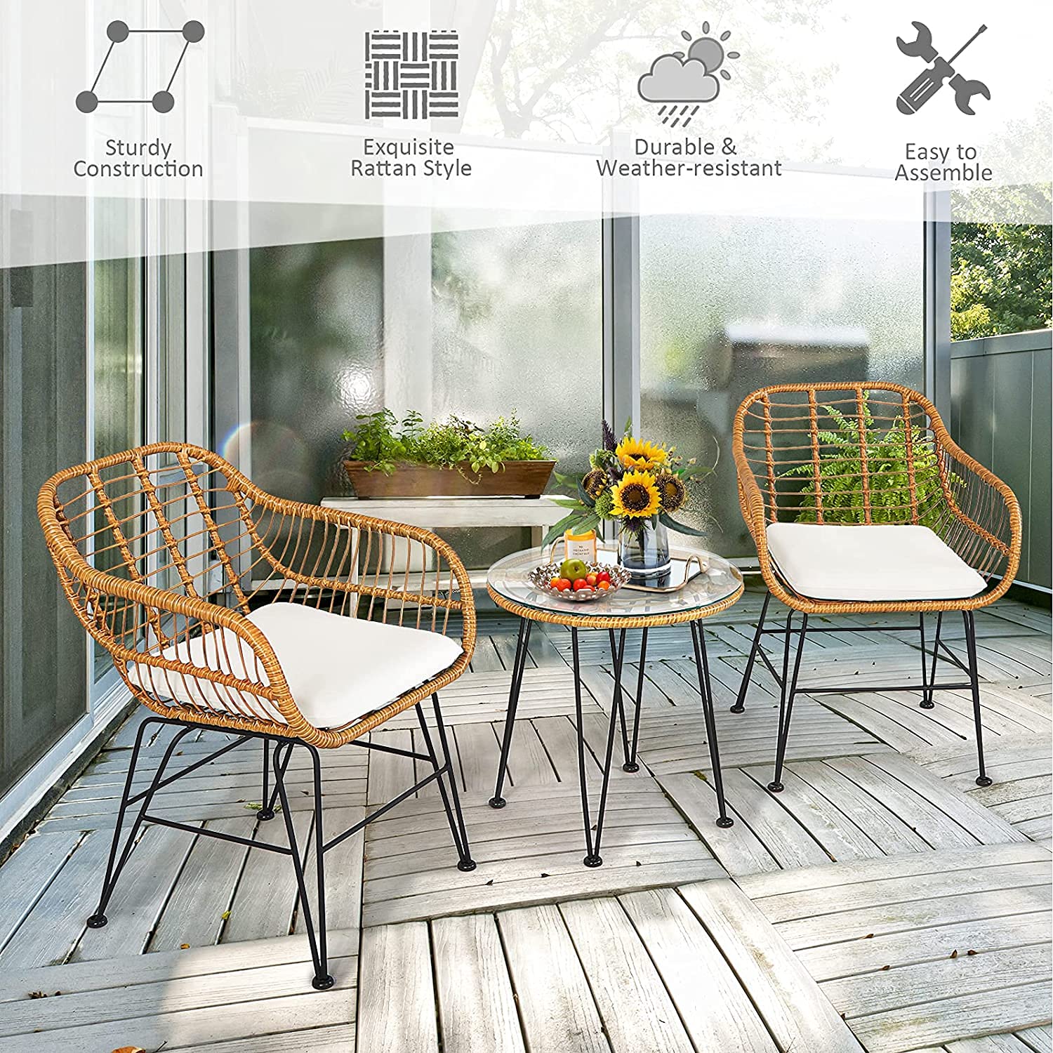 Topment 2-Piece Bistro Set with Rattan Chairs & Tempered Glass Table - Outdoor Patio Furniture with Removable Washable Beige Cushions - Perfect for Cafe, Balcony, Poolside, Garden, and Indoor Use (Pale Brown)