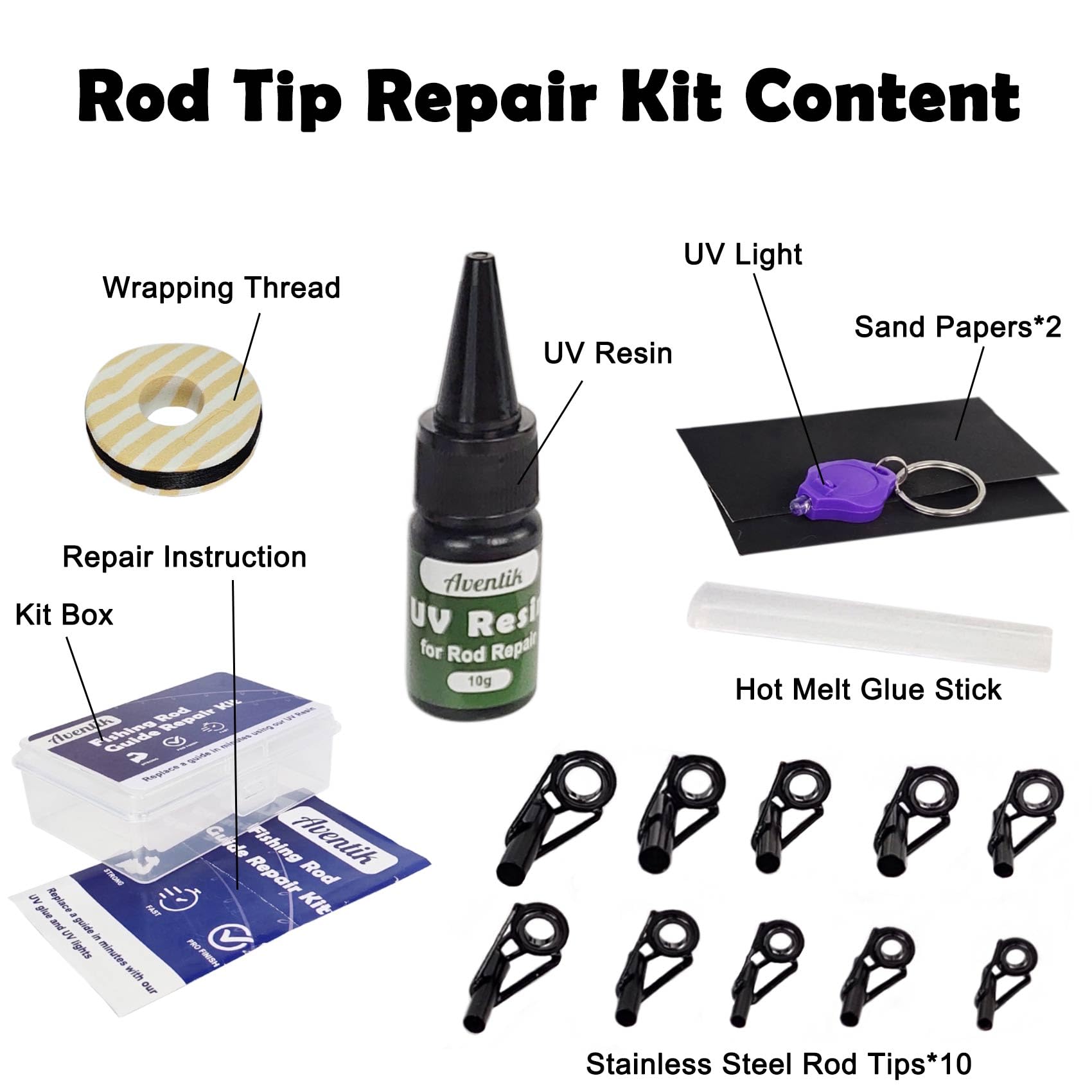 **Aventik Fishing Rod Tip Repair Kit - Complete Rod Building Supplies & Tip Eyelet Replacements for Fishing Pole Repair | Ideal for DIY Anglers & Professional Rod Maintenance**