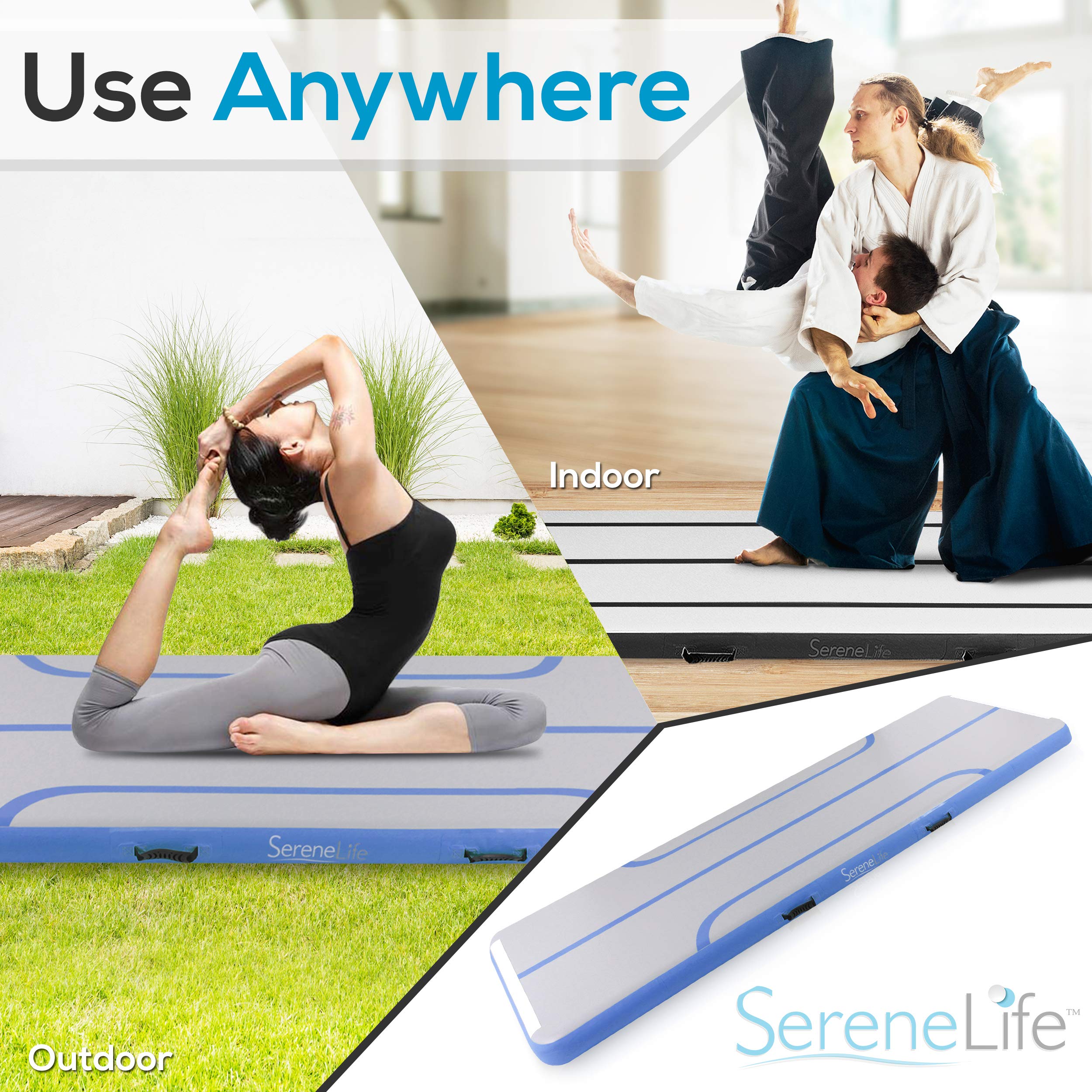 SereneLife 10FT Inflatable Gymnastics Air Tumbling Mat - 4in Thick Floating Water Mat for Yoga, Cheerleading & Training | Portable Foldable Design with Electric Air Pump | Perfect for Backyard, Pool, Gym & Indoor Workouts