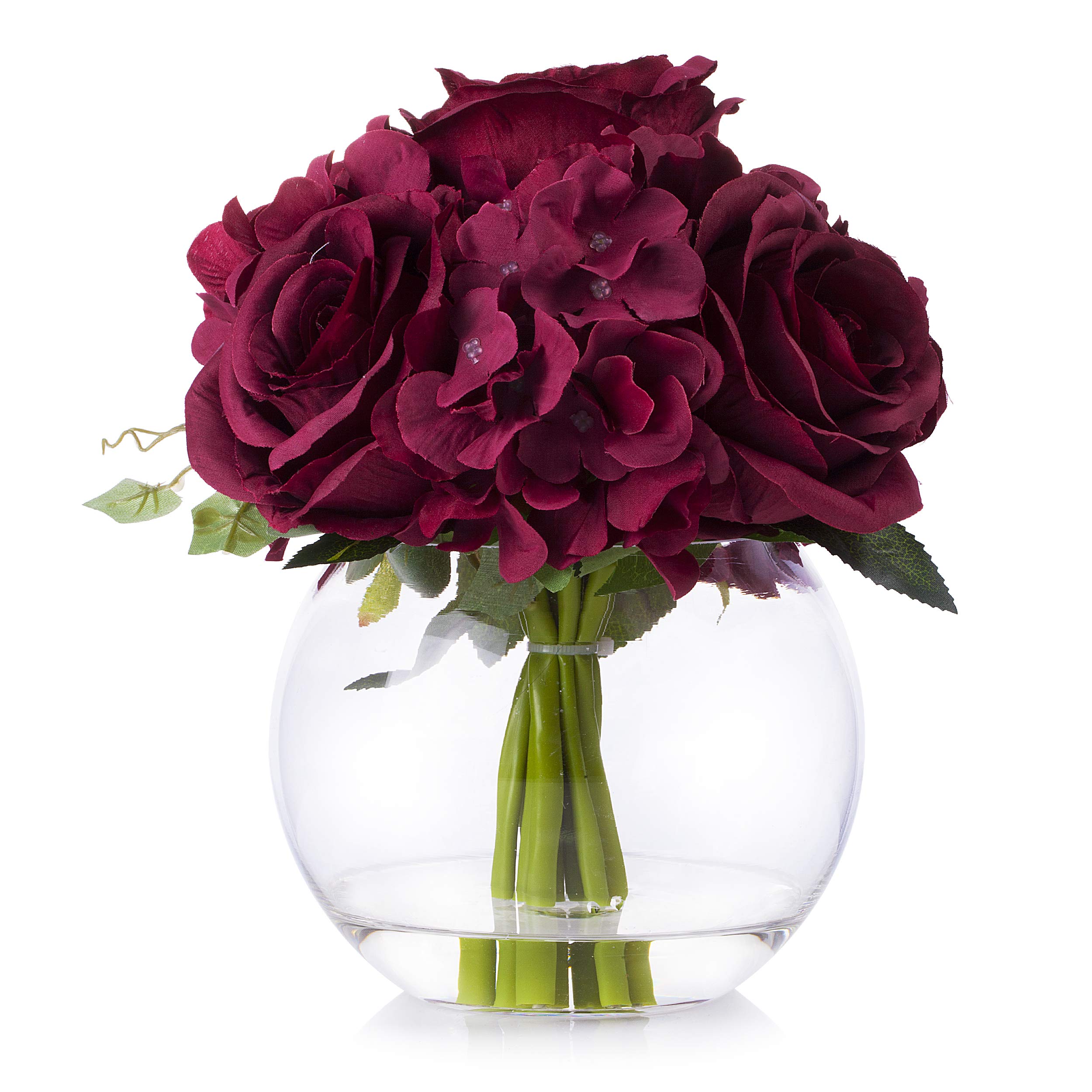 ENOVA HOME Mixed Silk Blooming Hydrangea and Rose Flower Arrangement in Clear Glass Vase with Faux Water - Burgundy Artificial Flowers for Home, Wedding, Office, and Event Decorations
