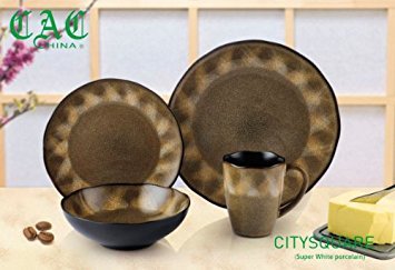 Yaxha 16-Piece Stoneware Dinnerware Set - Round Coupe Plates & Bowls, Light Brown, Service for 4 - Elegant Tableware for Everyday Dining, Dinner Parties & Home Decor