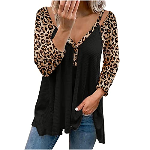 Women's Casual Leopard Print Long Sleeve V-Neck Button-Up Graphic Tee - Stylish T-Shirt for Everyday Wear, Work, and Weekend Outfits